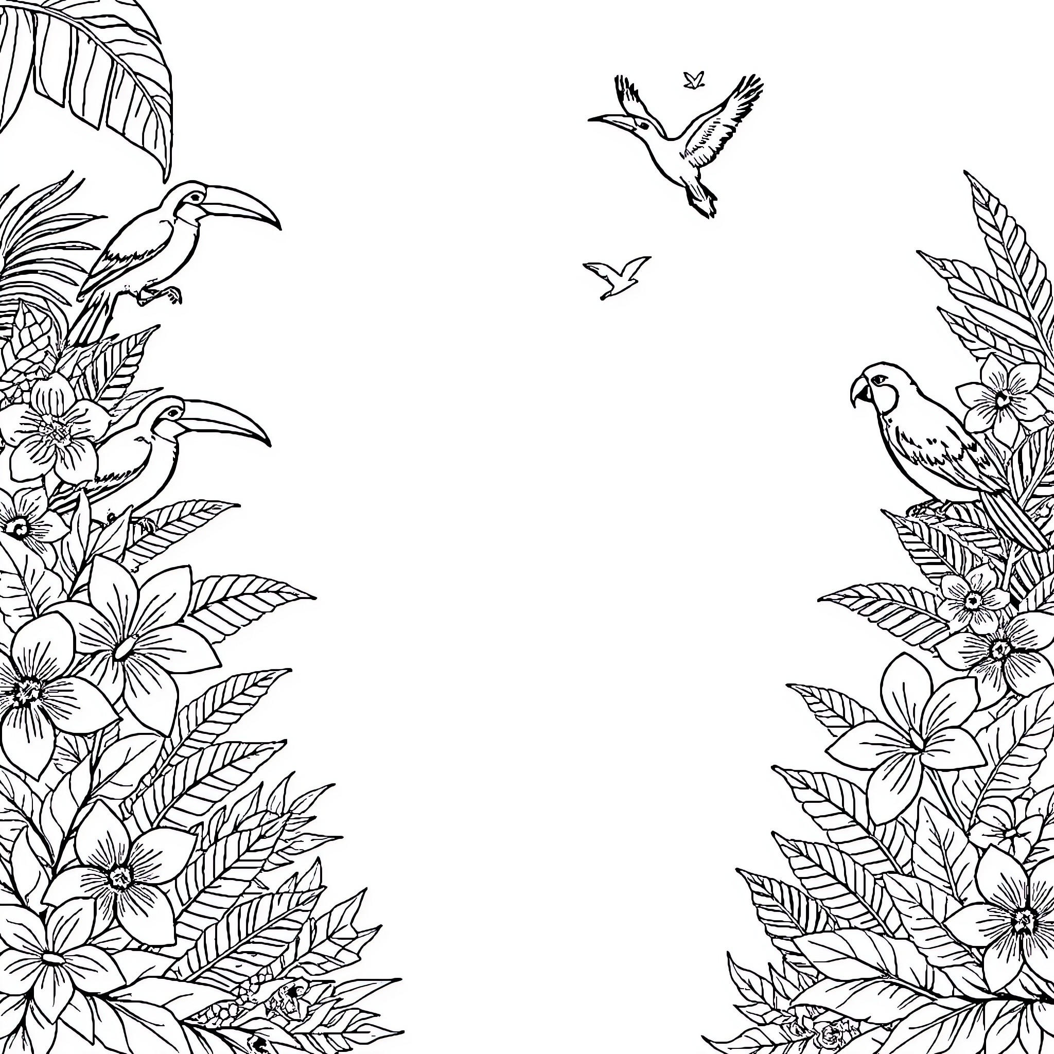 Tropical Flower Scene with Colorful Birds Coloring Page (free black-and-white line drawing printable PDF for all, from beginners to advanced learners, including children, teens, adults, and seniors)
