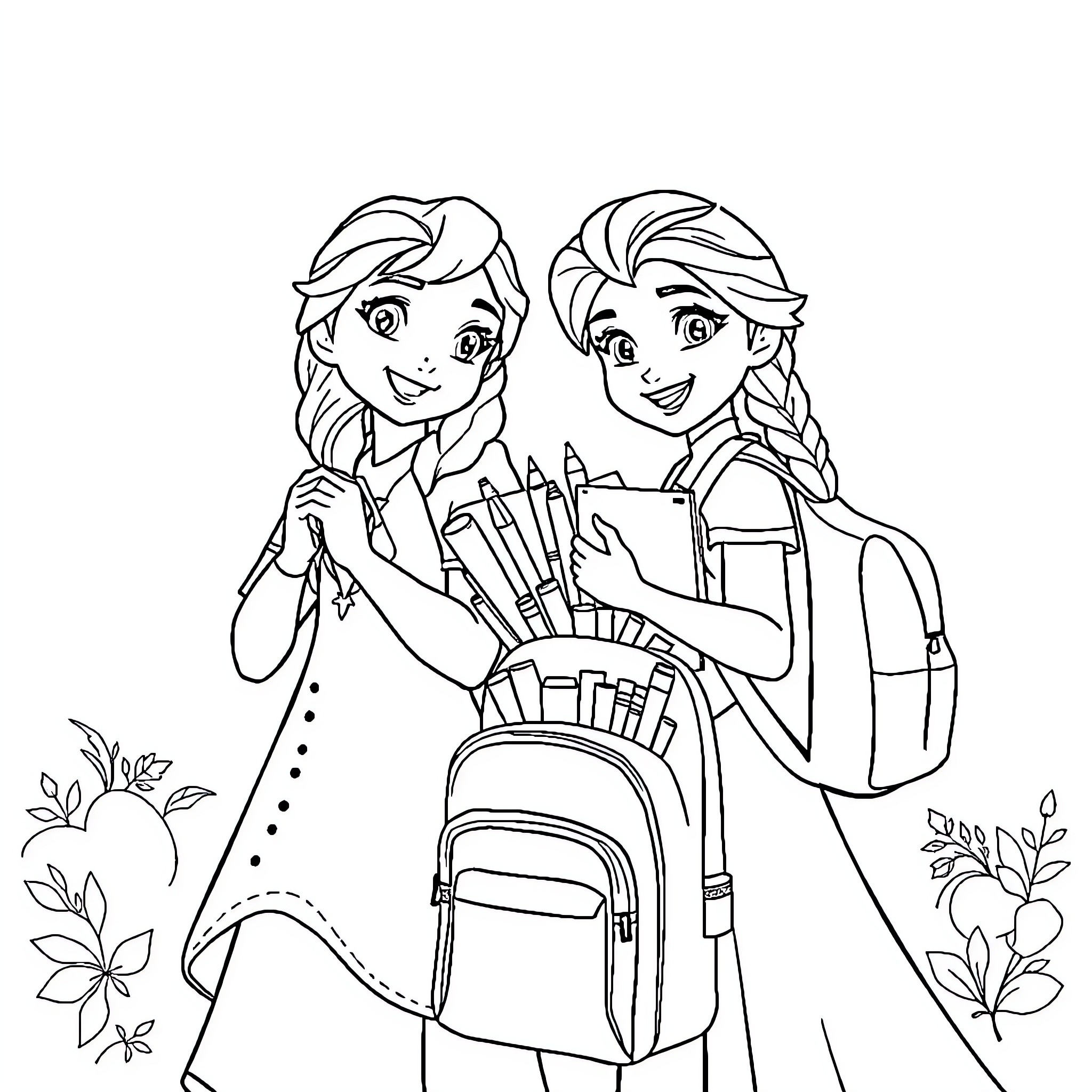 Anna and Elsa going to school with backpacks Coloring Page (free black-and-white line drawing printable PDF for all, from beginners to advanced learners, including children, teens, adults, and seniors)