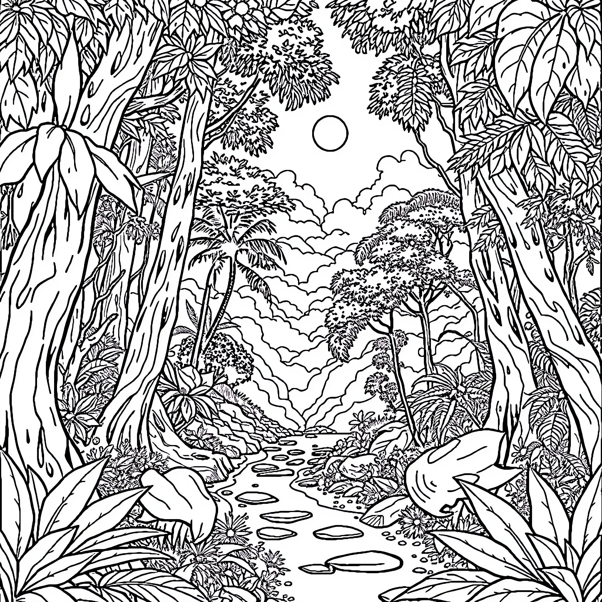 Forest Foliage and Scenic Landscape Coloring Page (free black-and-white line drawing printable PDF for all, from beginners to advanced learners, including children, teens, adults, and seniors)