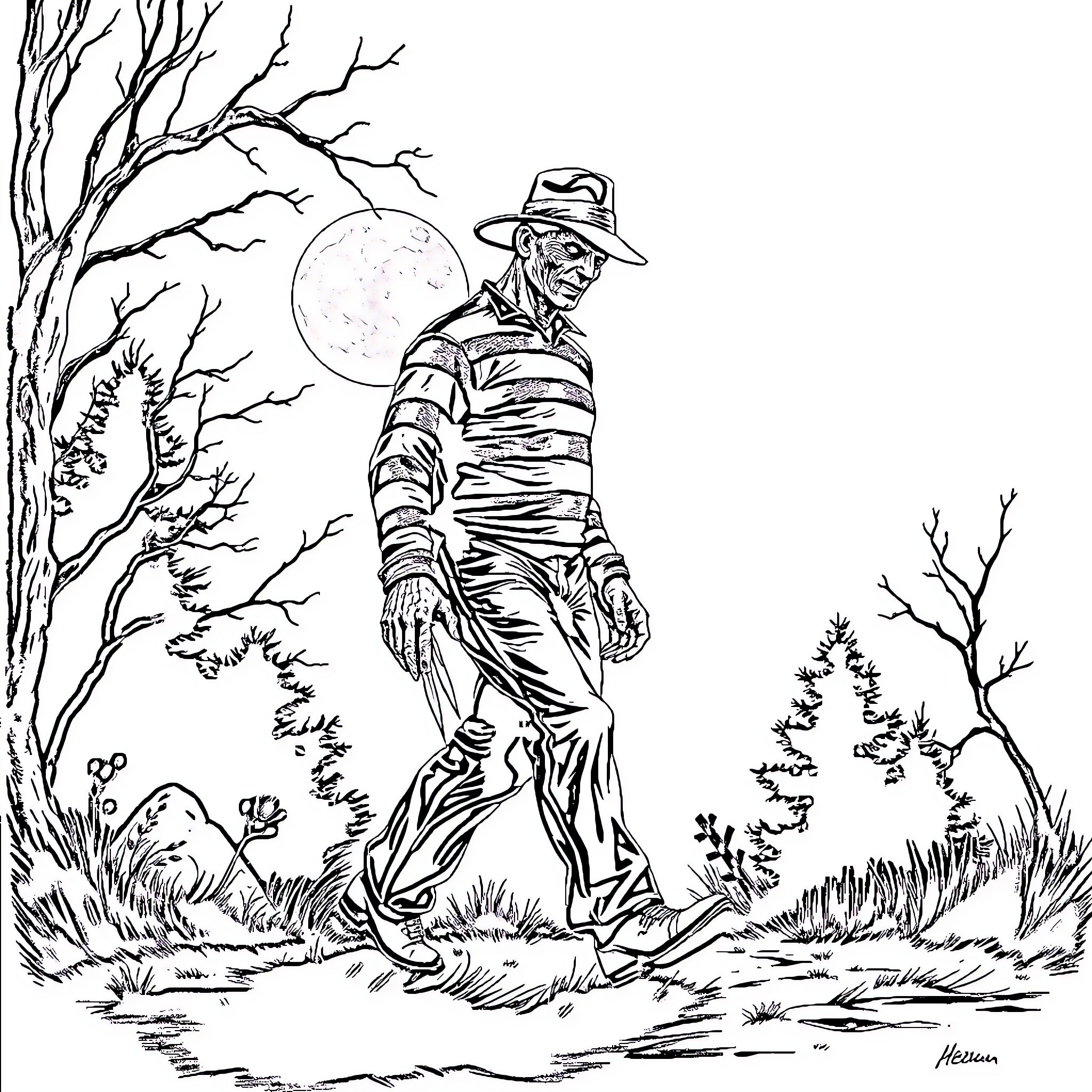 Freddy Kruger walking menacingly in a dark forest Coloring Page (free black-and-white line drawing printable PDF for all, from beginners to advanced learners, including children, teens, adults, and seniors)