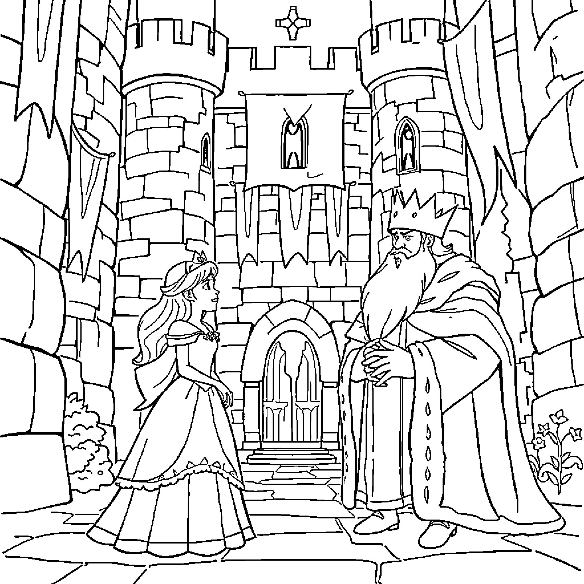 Princess Meets the Royal Advisor in the Castle Coloring Page (free black-and-white line drawing printable PDF for all, from beginners to advanced learners, including children, teens, adults, and seniors)