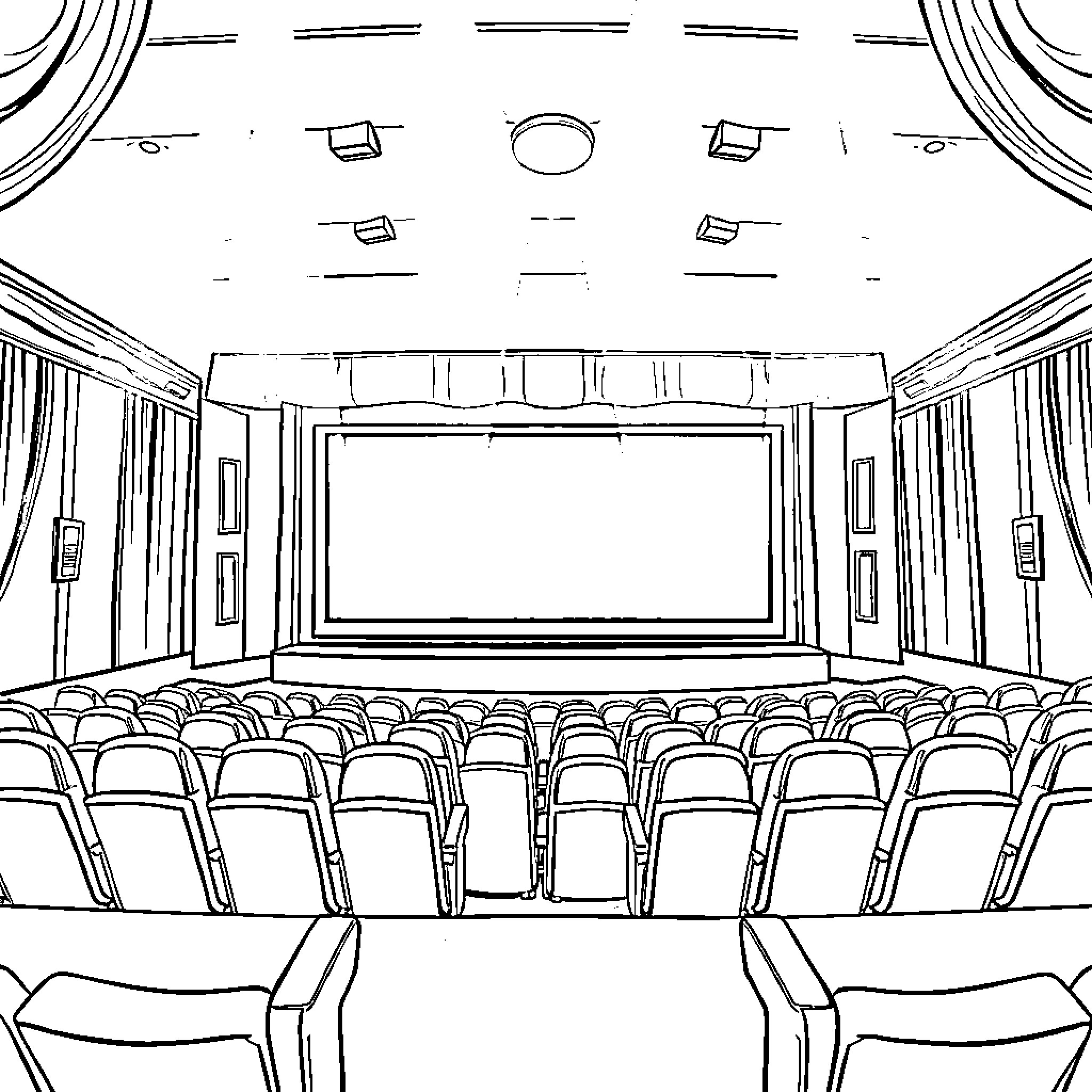 Movie Theater with Audience Seating and Screen Coloring Page (free black-and-white line drawing printable PDF for all, from beginners to advanced learners, including children, teens, adults, and seniors)