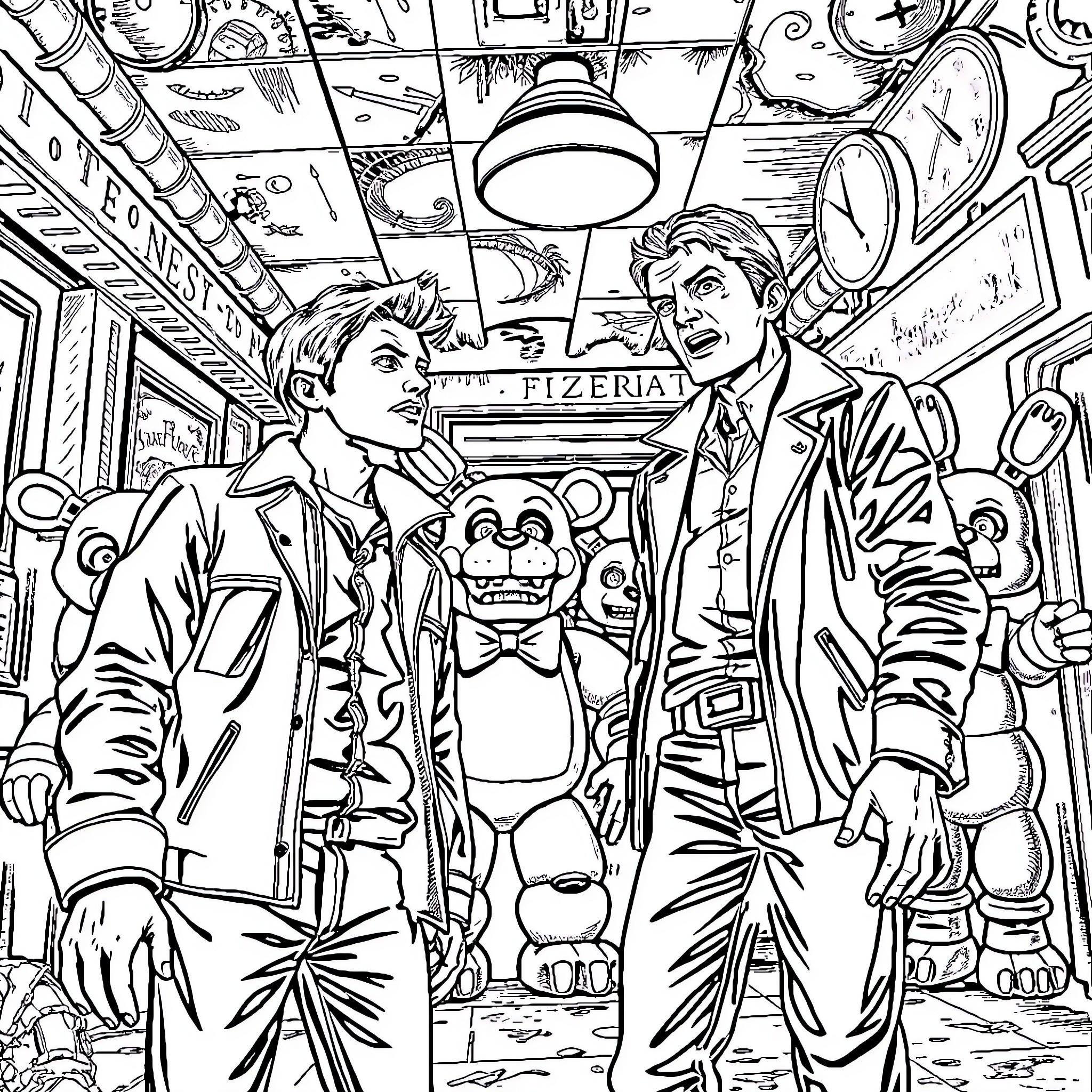 Freddy's Eccentric Adventure on the Subway Coloring Page (free black-and-white line drawing printable PDF for all, from beginners to advanced learners, including children, teens, adults, and seniors)