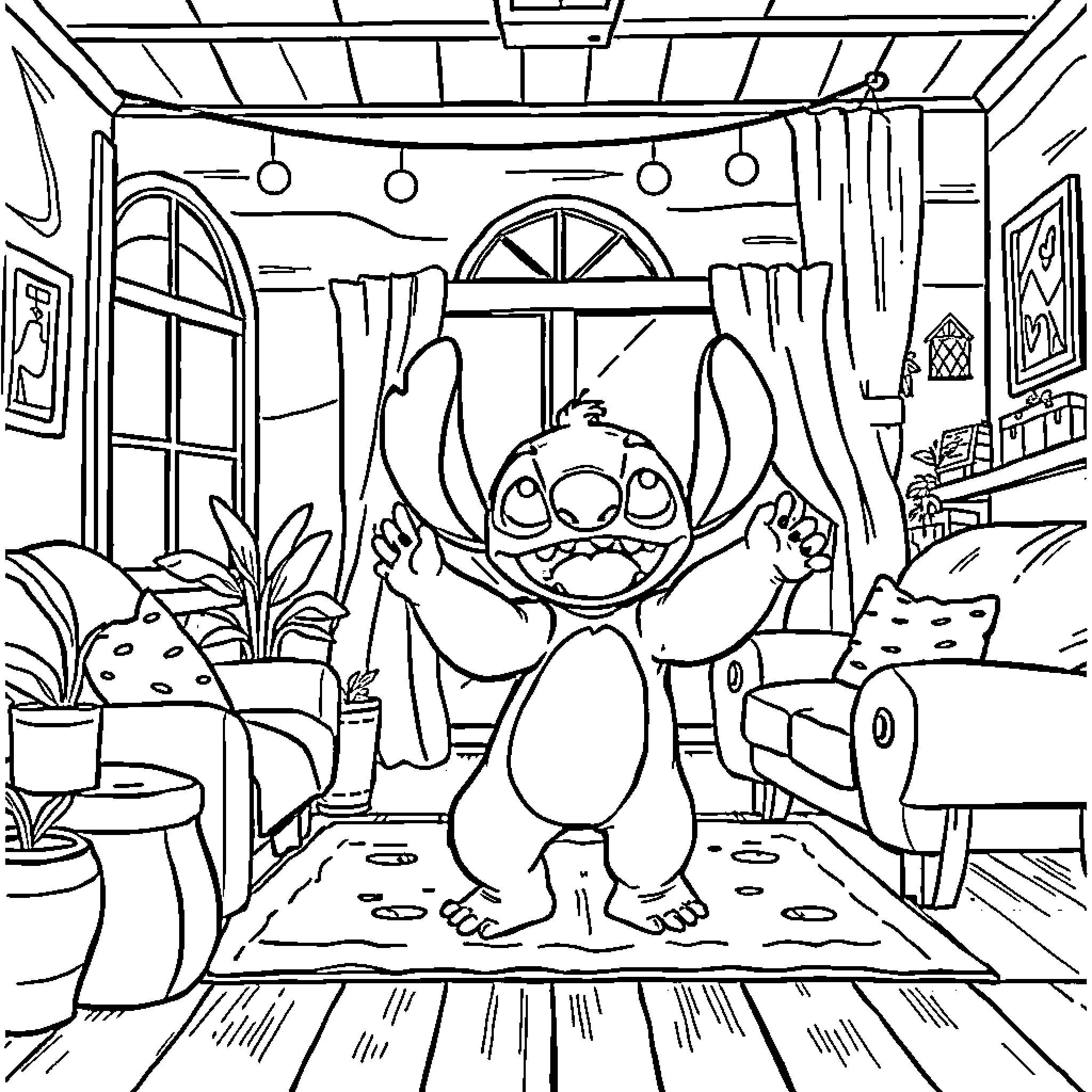 Stitch explores a cozy indoor scene Coloring Page (free black-and-white line drawing printable PDF for all, from beginners to advanced learners, including children, teens, adults, and seniors)