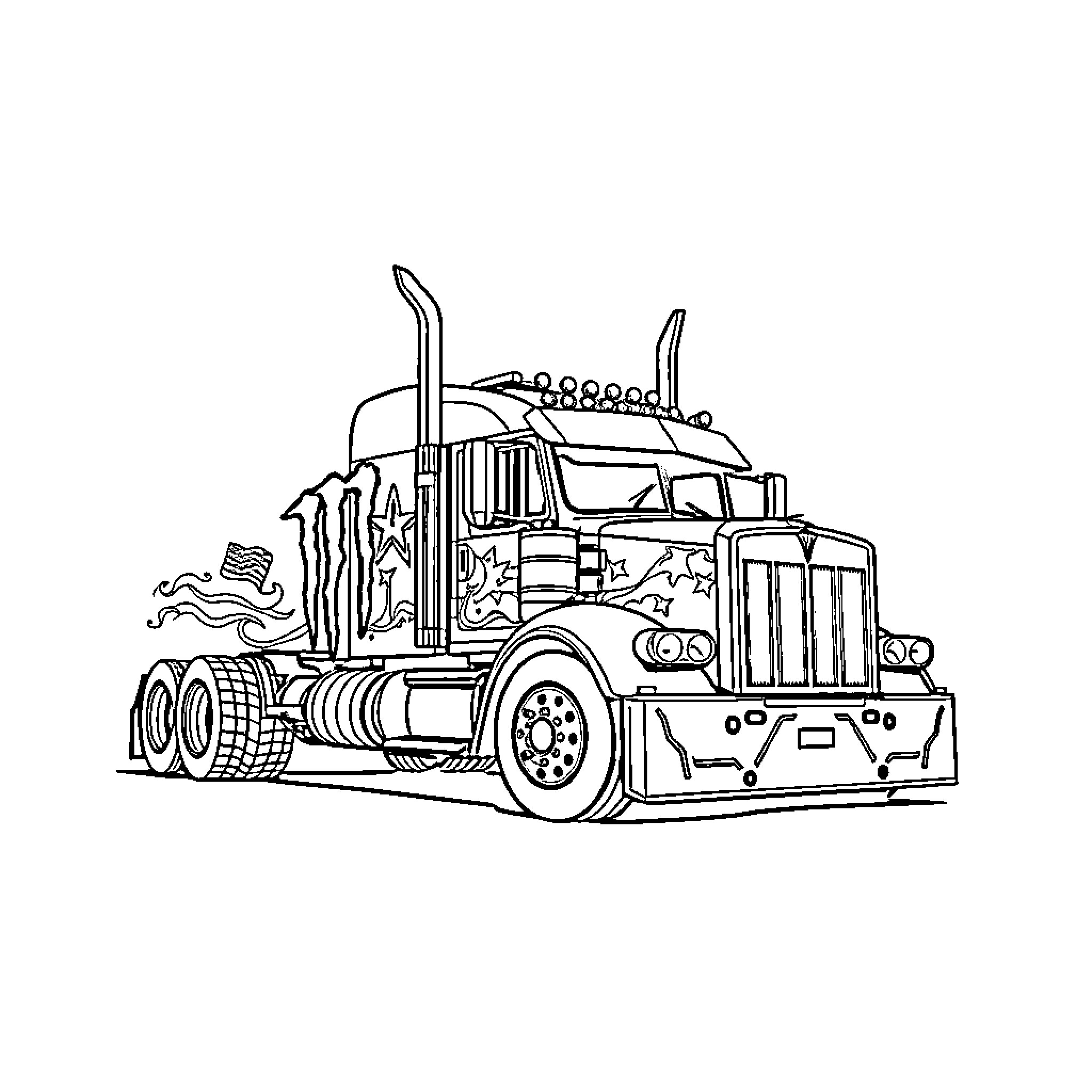 Monster Truck Performing Tricks on the Open Road Coloring Page (free black-and-white line drawing printable PDF for all, from beginners to advanced learners, including children, teens, adults, and seniors)