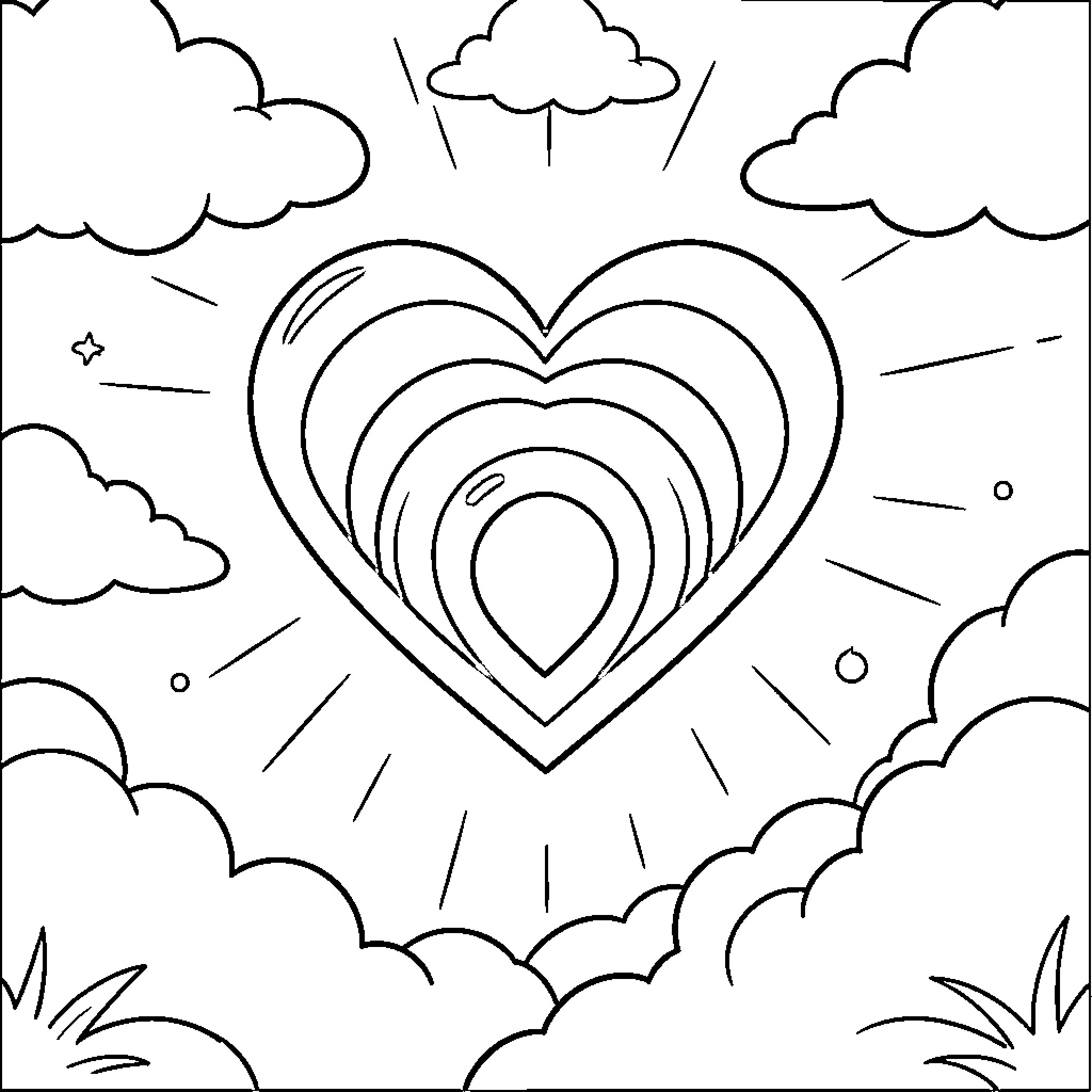 Rainbow Heart Shining Brightly in the Sky Coloring Page (free black-and-white line drawing printable PDF for all, from beginners to advanced learners, including children, teens, adults, and seniors)