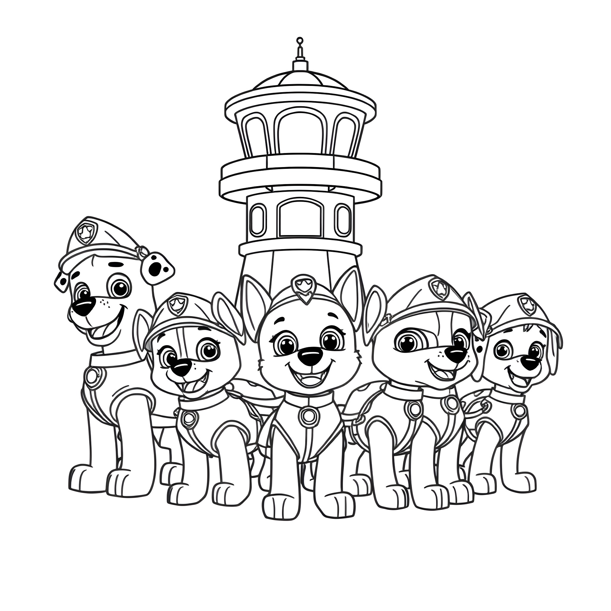 Paw Patrol team ready for adventure near lighthouse Coloring Page (free black-and-white line drawing printable PDF for all, from beginners to advanced learners, including children, teens, adults, and seniors)