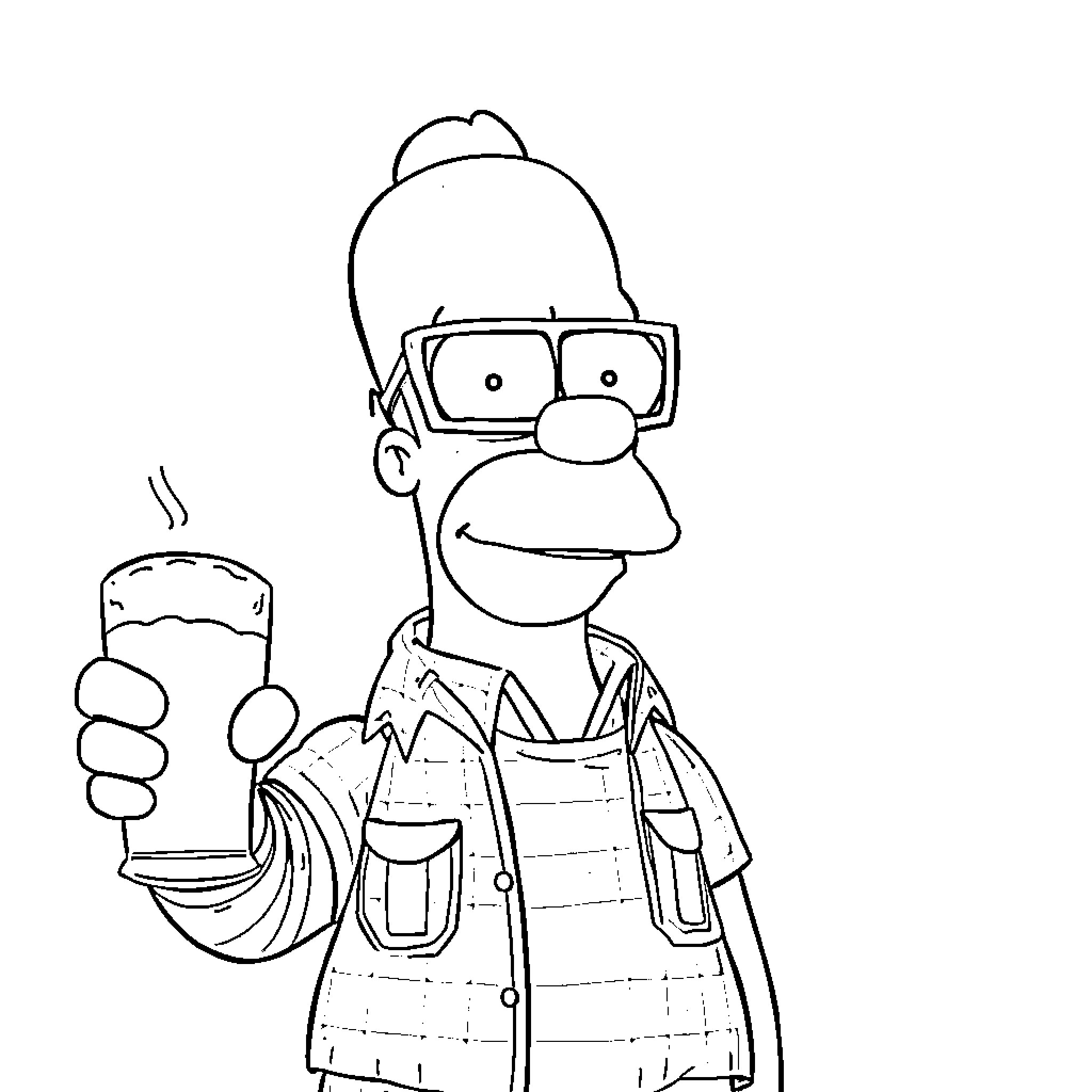 Homer Simpson enjoying a hot beverage Coloring Page (free black-and-white line drawing printable PDF for all, from beginners to advanced learners, including children, teens, adults, and seniors)