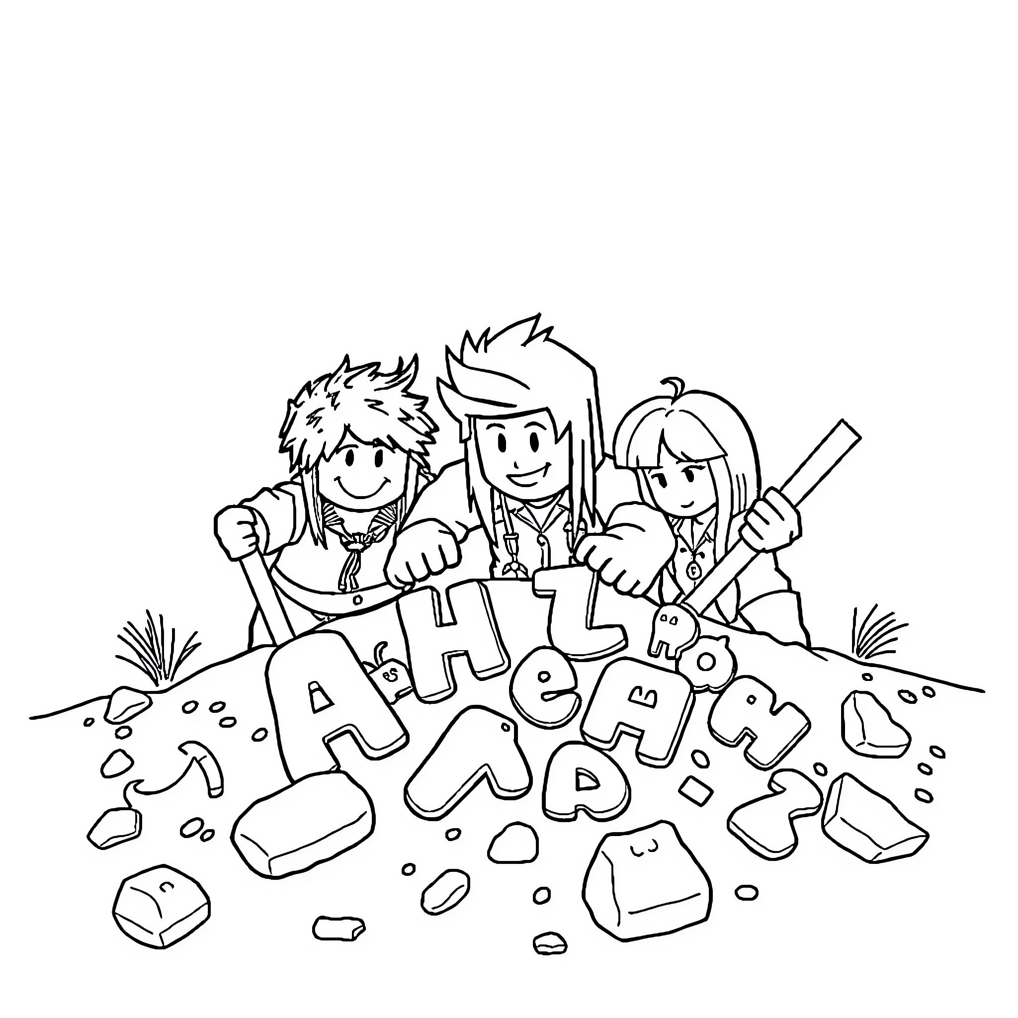 Roblox Character Group Playing Together Coloring Page (free black-and-white line drawing printable PDF for all, from beginners to advanced learners, including children, teens, adults, and seniors)