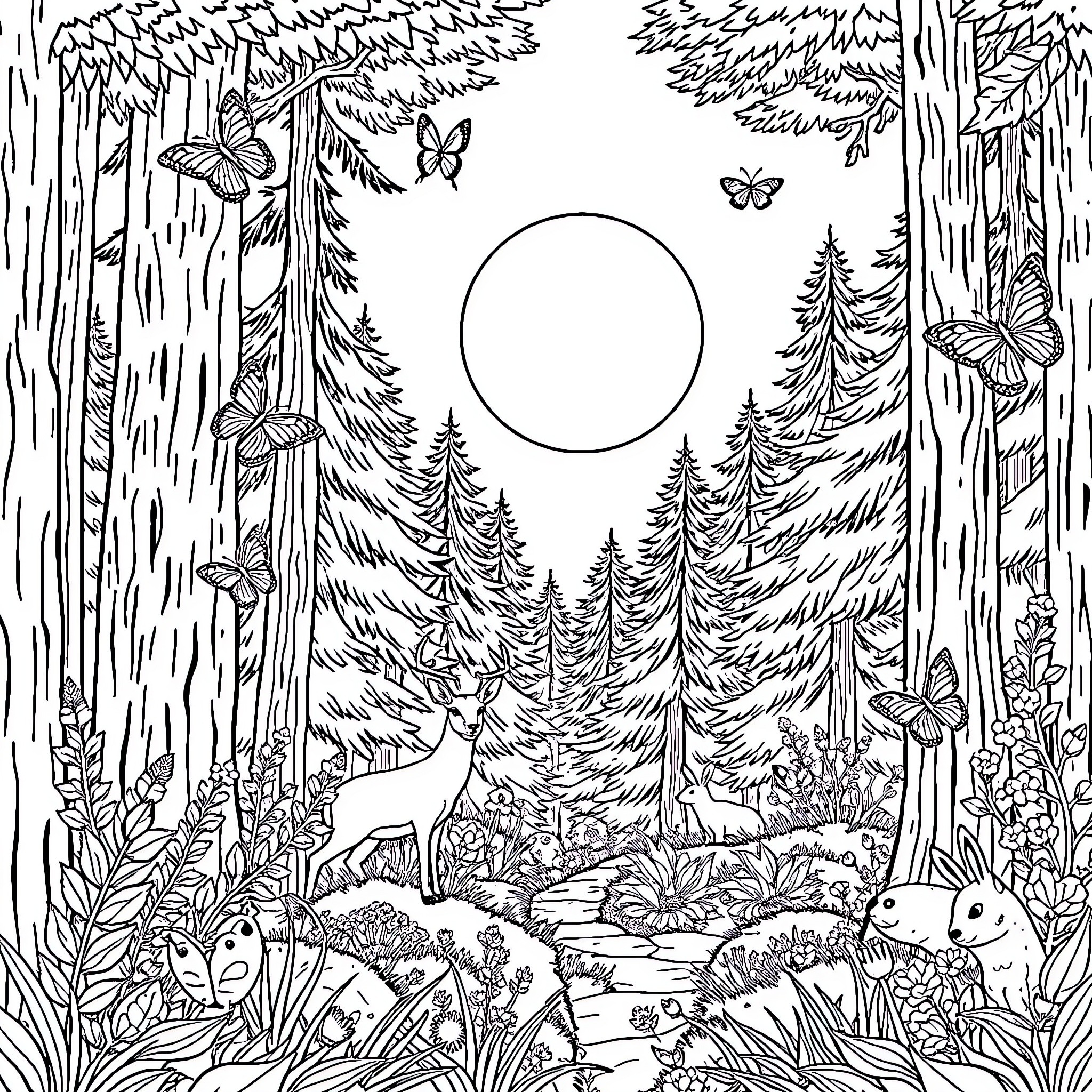 Forest Teeming with Wildlife and Nature Coloring Page (free black-and-white line drawing printable PDF for all, from beginners to advanced learners, including children, teens, adults, and seniors)