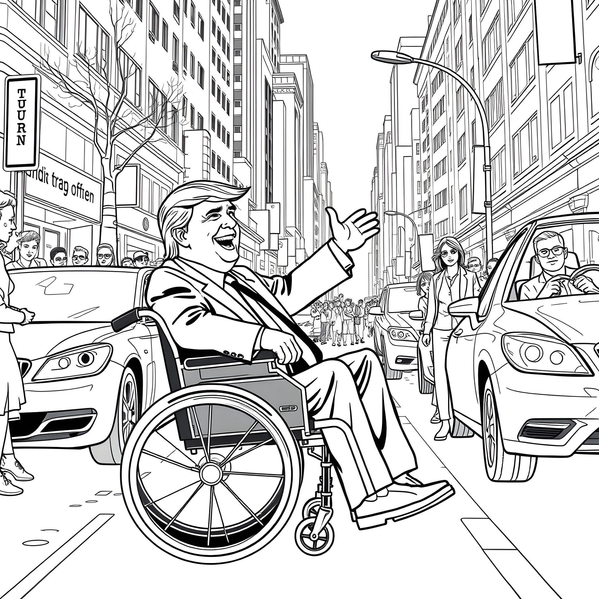 Trump Waving From Wheelchair in Busy City Street Coloring Page (free black-and-white line drawing printable PDF for all, from beginners to advanced learners, including children, teens, adults, and seniors)