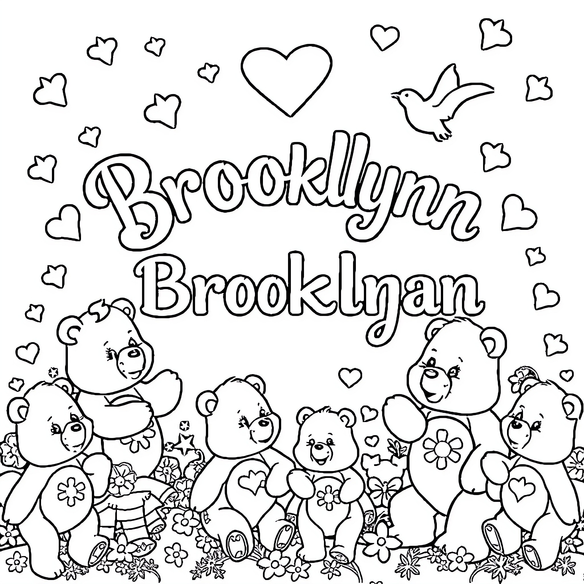 Brooklynn's Colorful Playtime with Teddy Bears Coloring Page (free black-and-white line drawing printable PDF for all, from beginners to advanced learners, including children, teens, adults, and seniors)