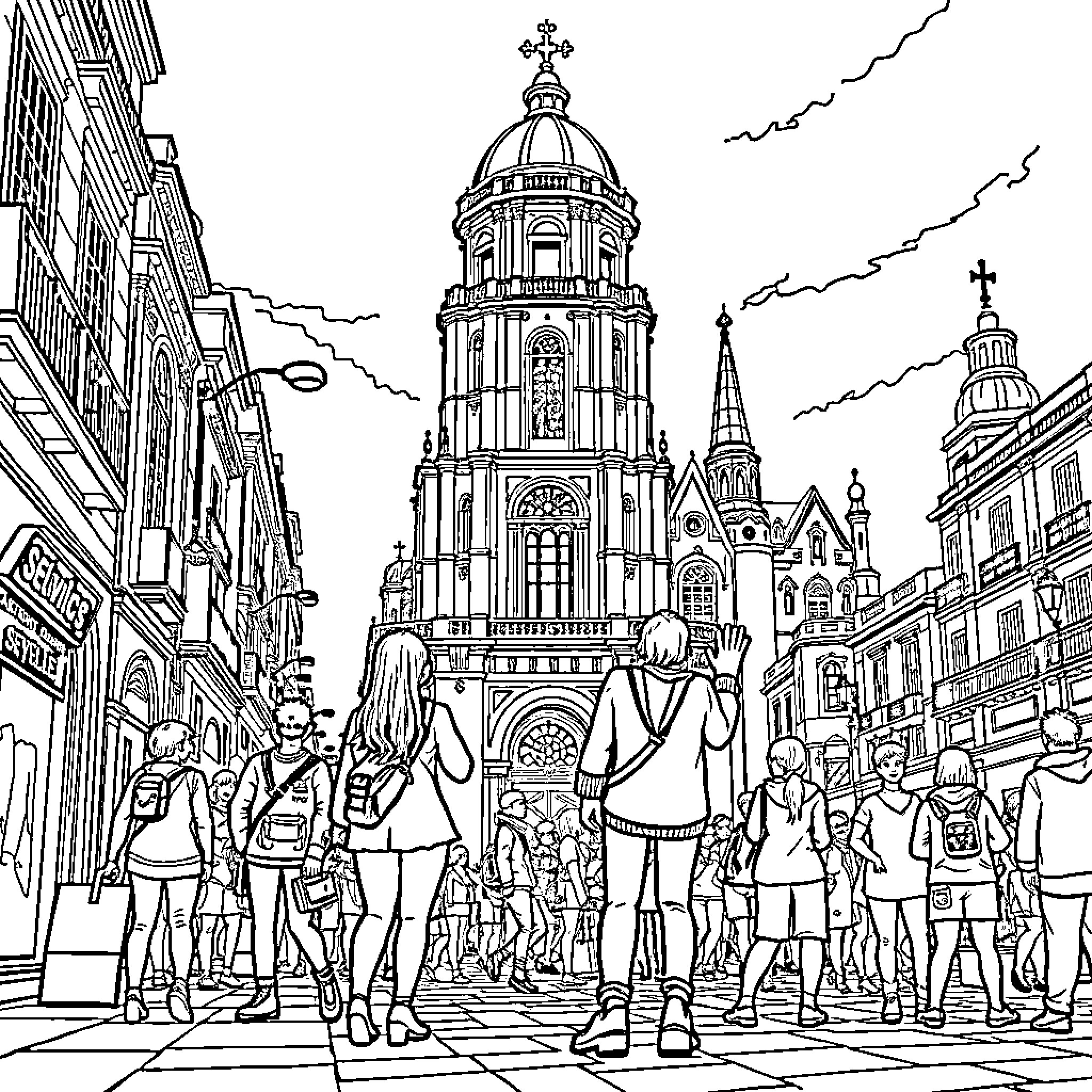 K Pop Group Exploring Vibrant City Streetscape Coloring Page (free black-and-white line drawing printable PDF for all, from beginners to advanced learners, including children, teens, adults, and seniors)