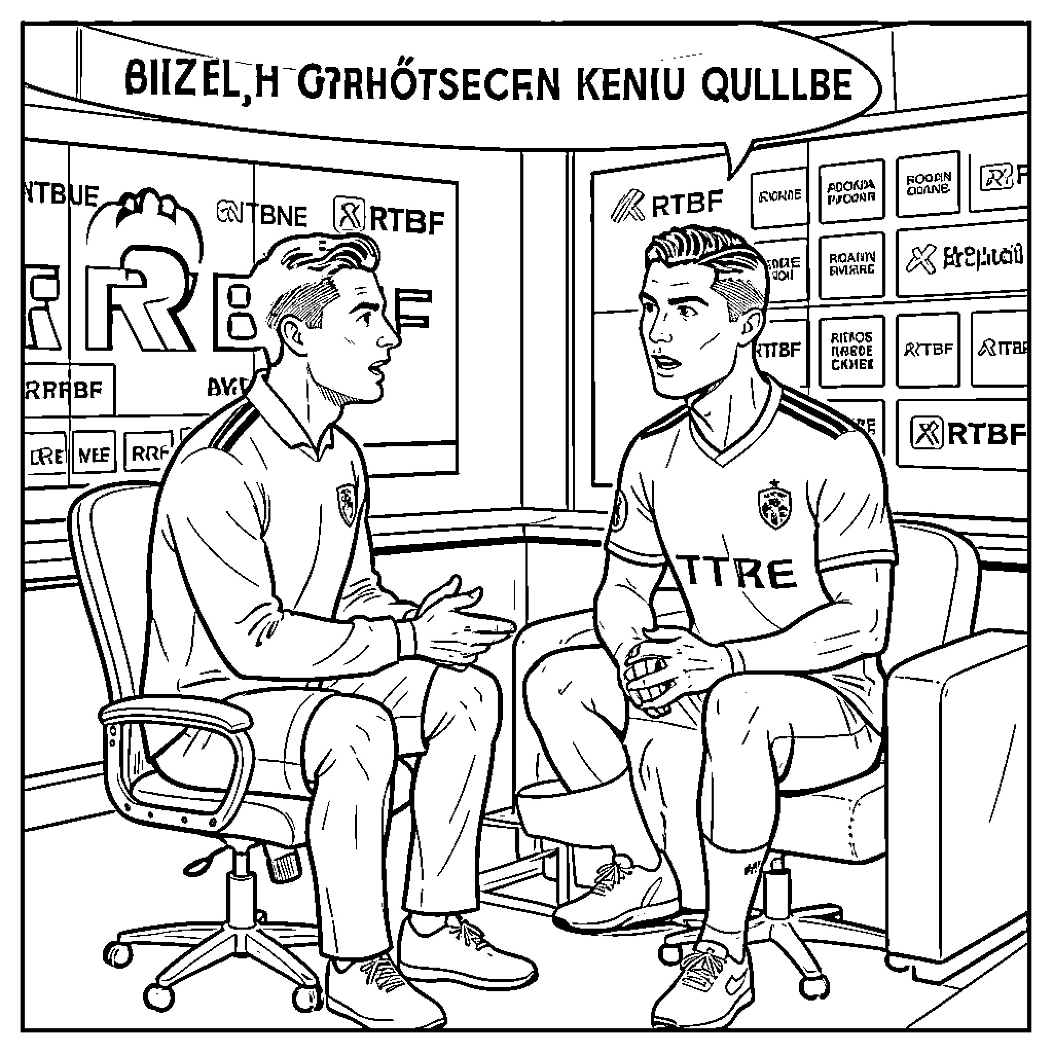 Cristiano Ronaldo being interviewed while sitting in a chair Coloring Page (free black-and-white line drawing printable PDF for all, from beginners to advanced learners, including children, teens, adults, and seniors)