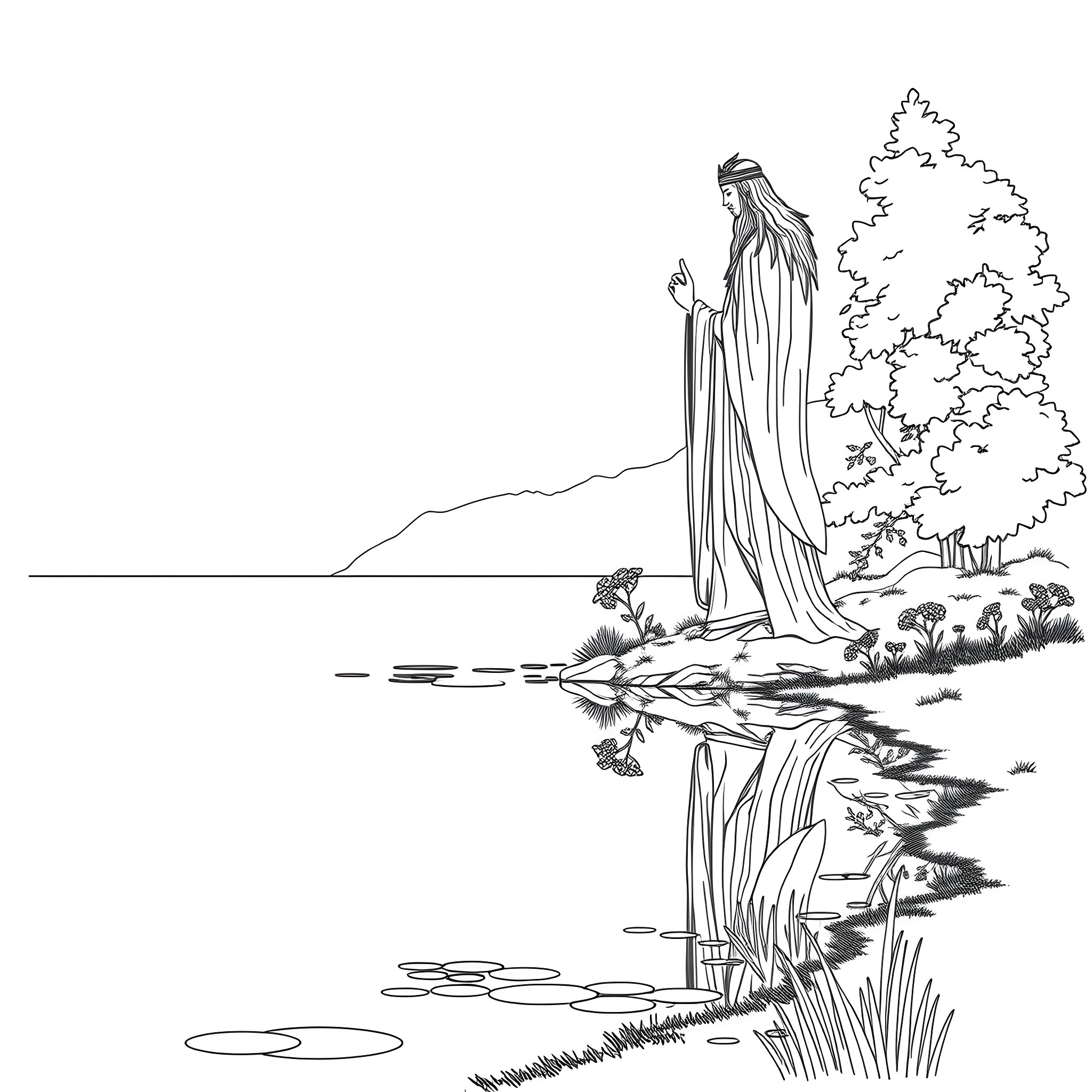Spirit of Nature by the Serene Lake Coloring Page (free black-and-white line drawing printable PDF for all, from beginners to advanced learners, including children, teens, adults, and seniors)