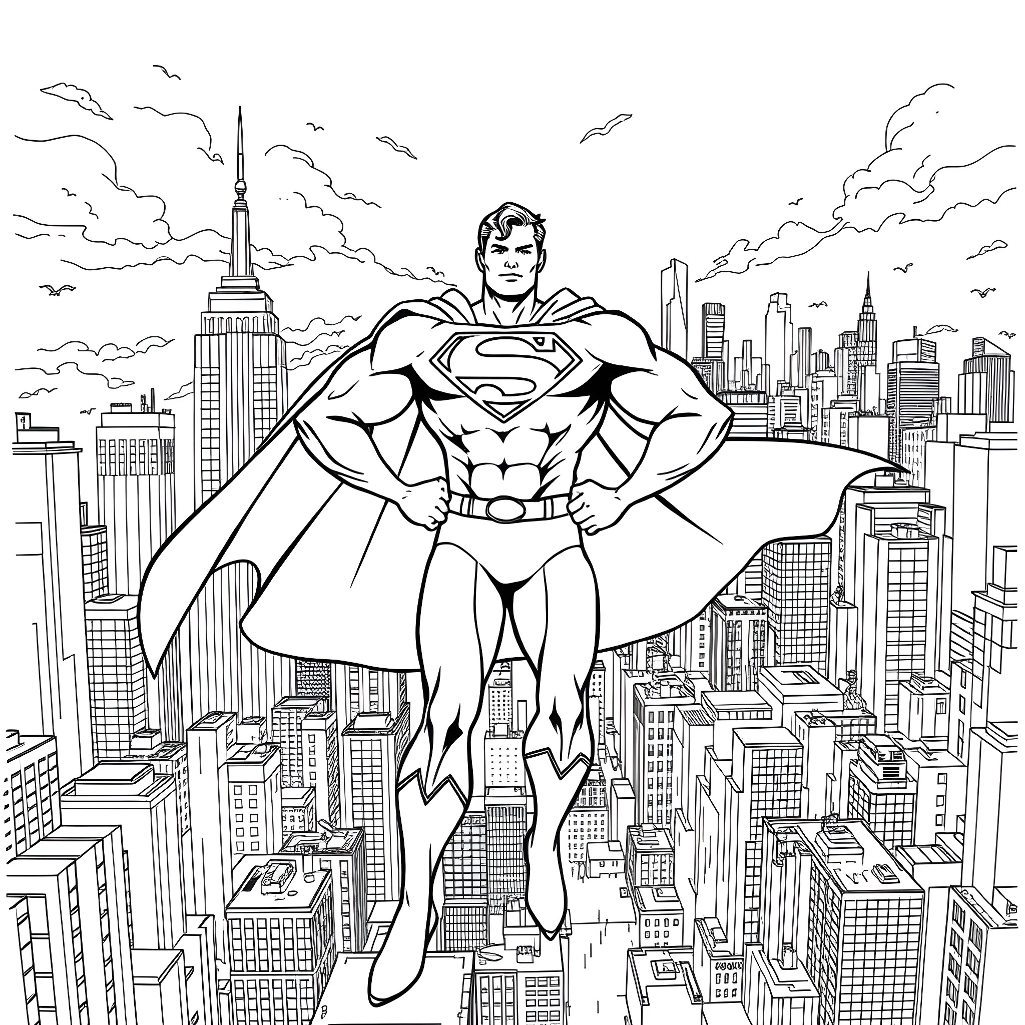 Superman soaring over the city skyline Coloring Page (free black-and-white line drawing printable PDF for all, from beginners to advanced learners, including children, teens, adults, and seniors)