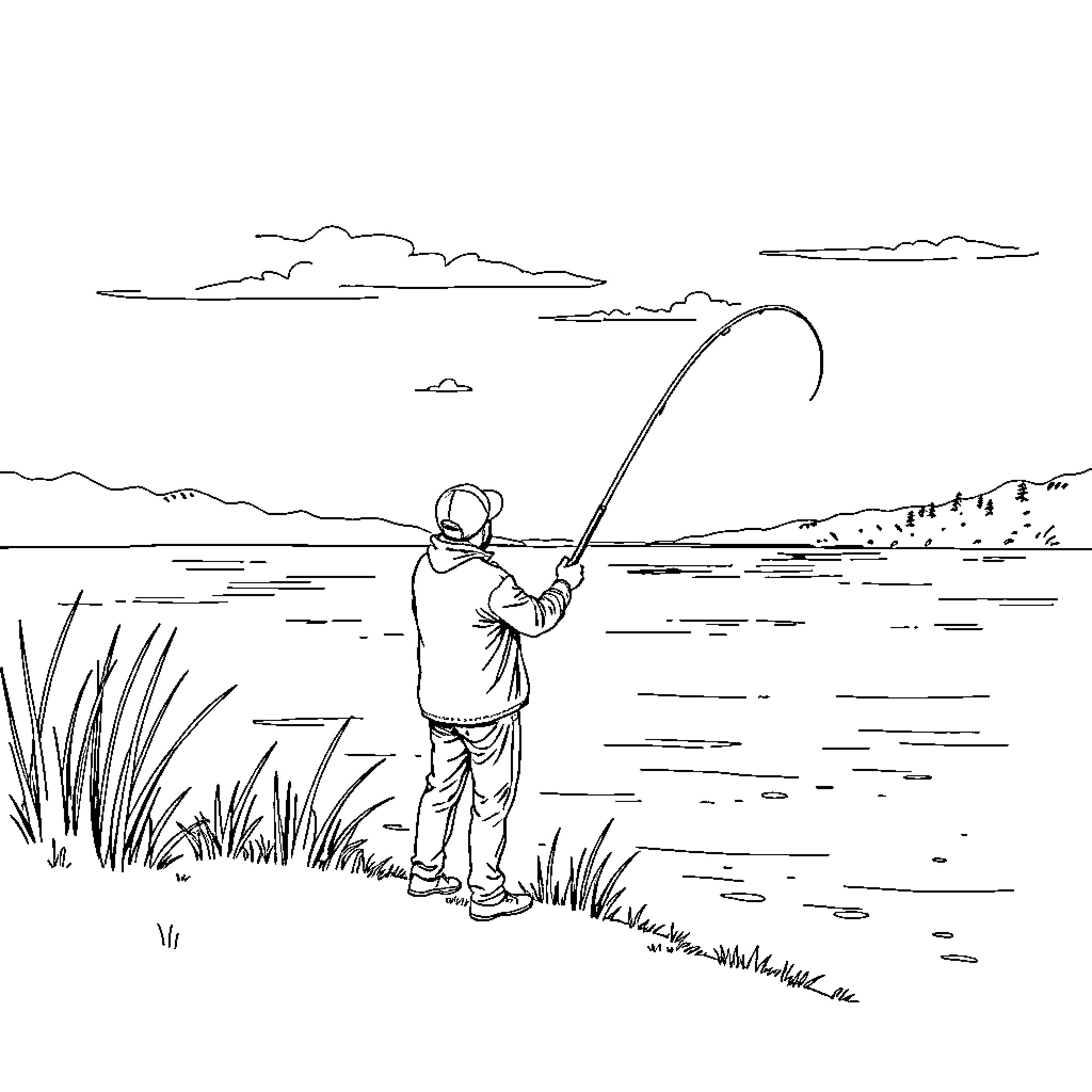 Fishing on a serene lakeside Coloring Page (free black-and-white line drawing printable PDF for all, from beginners to advanced learners, including children, teens, adults, and seniors)