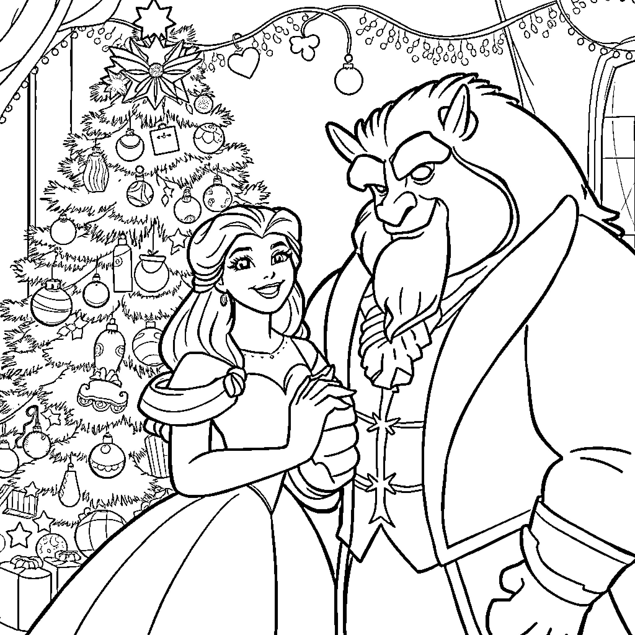 Belle and the Beast Celebrate Christmas Together Coloring Page (free black-and-white line drawing printable PDF for all, from beginners to advanced learners, including children, teens, adults, and seniors)
