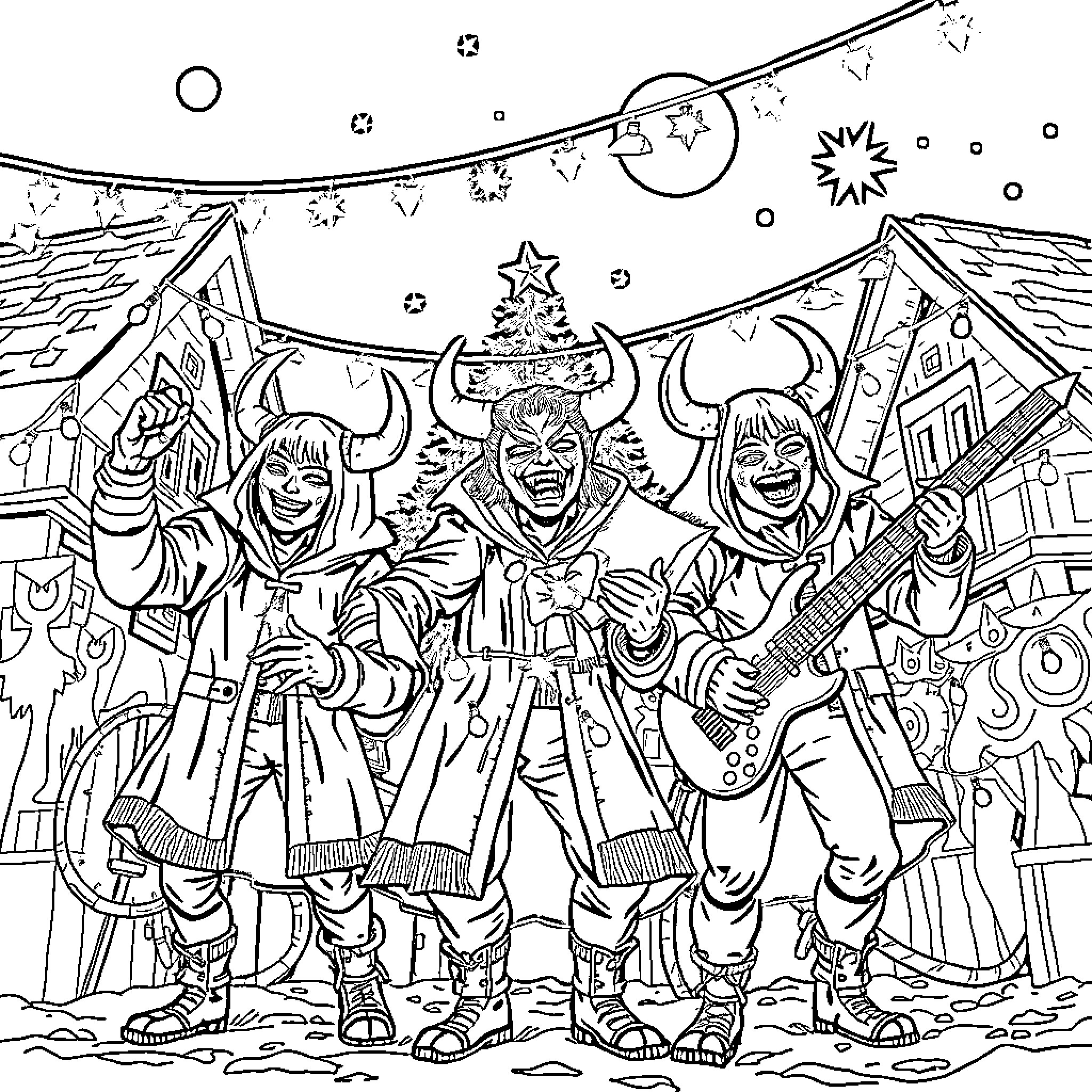 Demon Hunters Celebrate with Festive Cheer Coloring Page (free black-and-white line drawing printable PDF for all, from beginners to advanced learners, including children, teens, adults, and seniors)