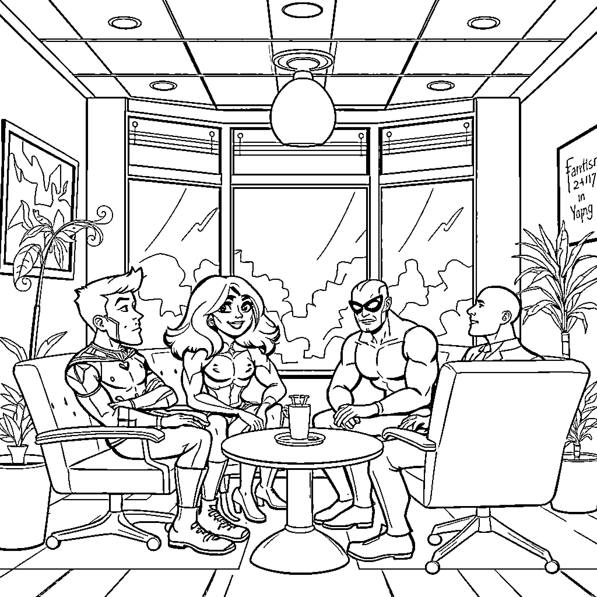 Fantastic Four Enjoying Casual Gathering in Workplace Coloring Page (free black-and-white line drawing printable PDF for all, from beginners to advanced learners, including children, teens, adults, and seniors)