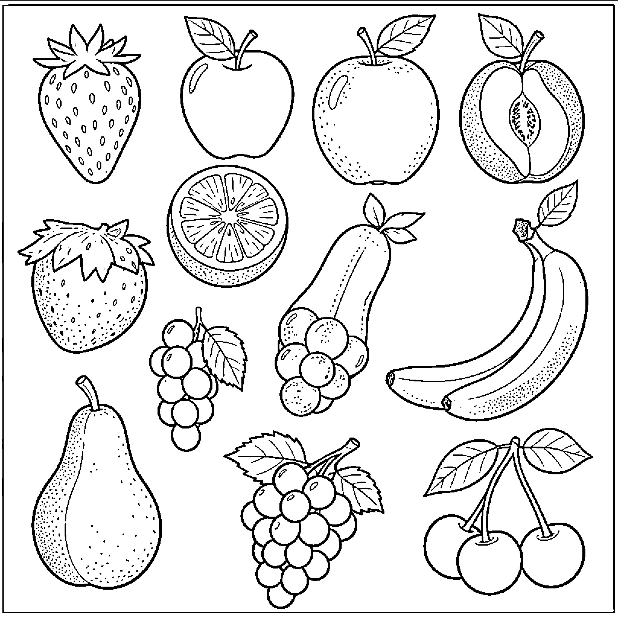 Fruit arranged in a diverse collection of shapes Coloring Page (free black-and-white line drawing printable PDF for all, from beginners to advanced learners, including children, teens, adults, and seniors)
