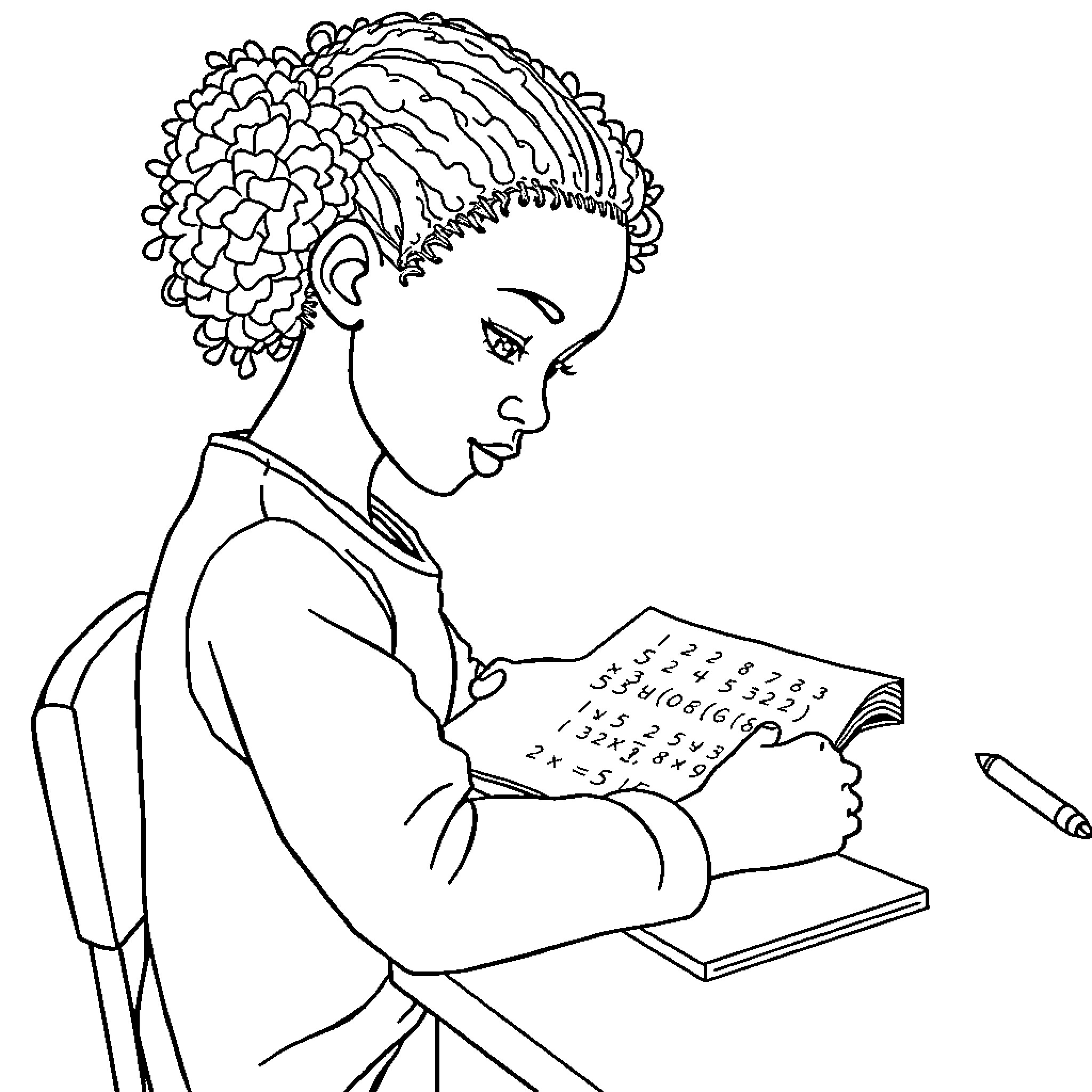 Girl studying math diligently at her desk Coloring Page (free black-and-white line drawing printable PDF for all, from beginners to advanced learners, including children, teens, adults, and seniors)
