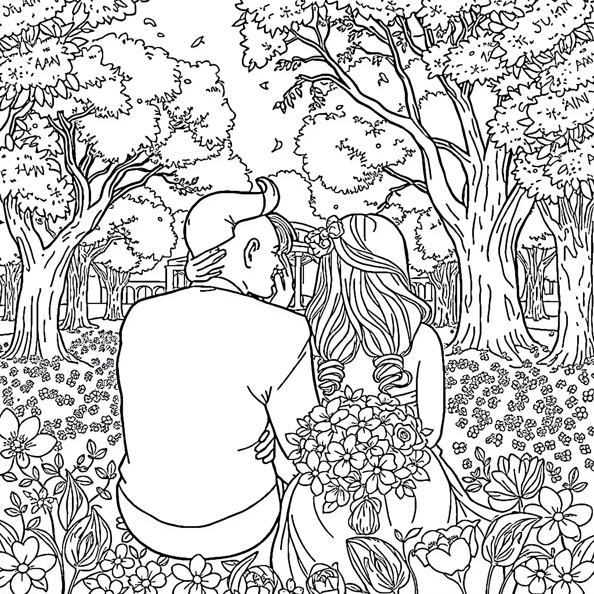 Chica exploring a whimsical garden scene Coloring Page (free black-and-white line drawing printable PDF for all, from beginners to advanced learners, including children, teens, adults, and seniors)