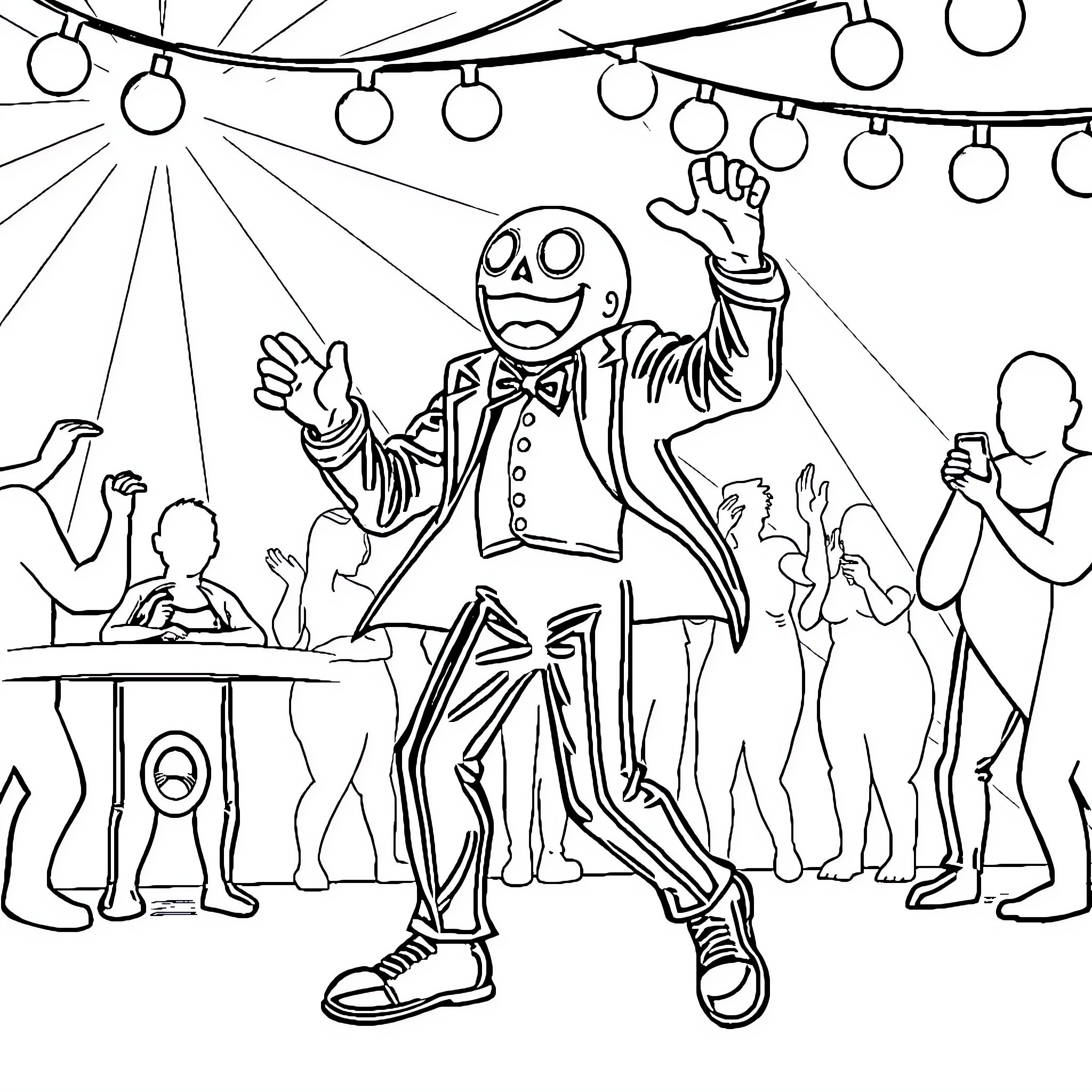 Spooderman's festive dance party Coloring Page (free black-and-white line drawing printable PDF for all, from beginners to advanced learners, including children, teens, adults, and seniors)