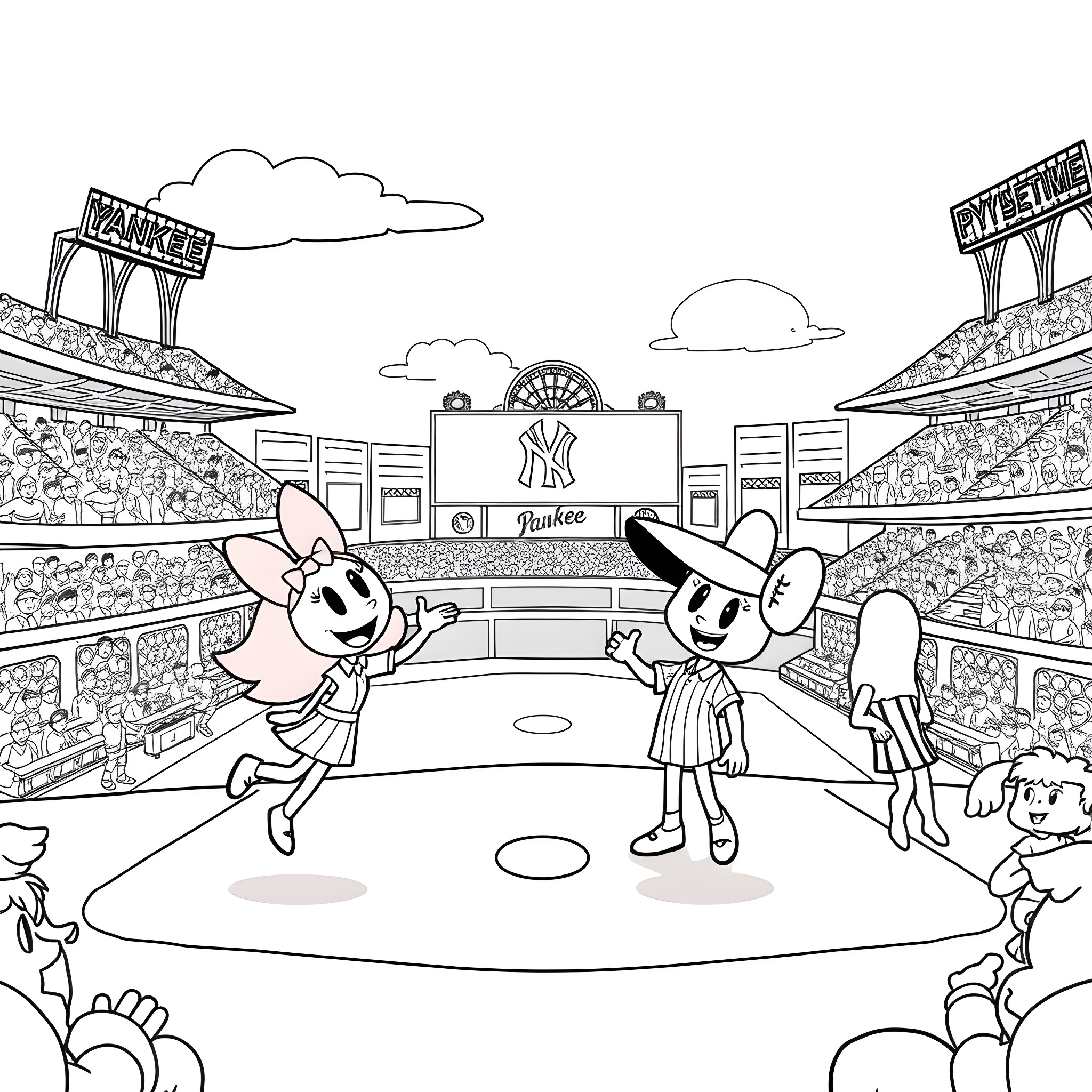 Poppy Playtime characters enjoying a baseball game Coloring Page (free black-and-white line drawing printable PDF for all, from beginners to advanced learners, including children, teens, adults, and seniors)