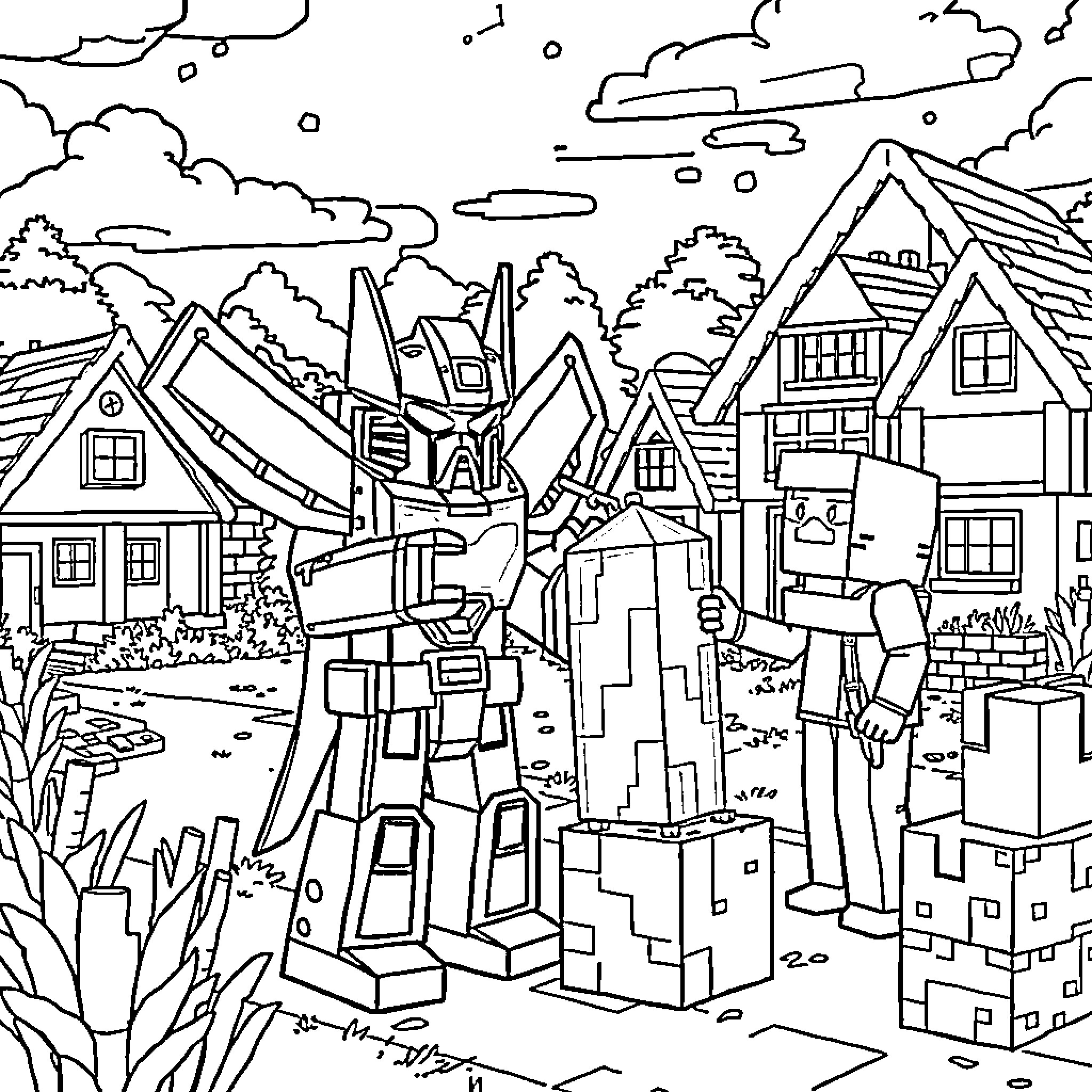 Starscream battling in a futuristic town Coloring Page (free black-and-white line drawing printable PDF for all, from beginners to advanced learners, including children, teens, adults, and seniors)