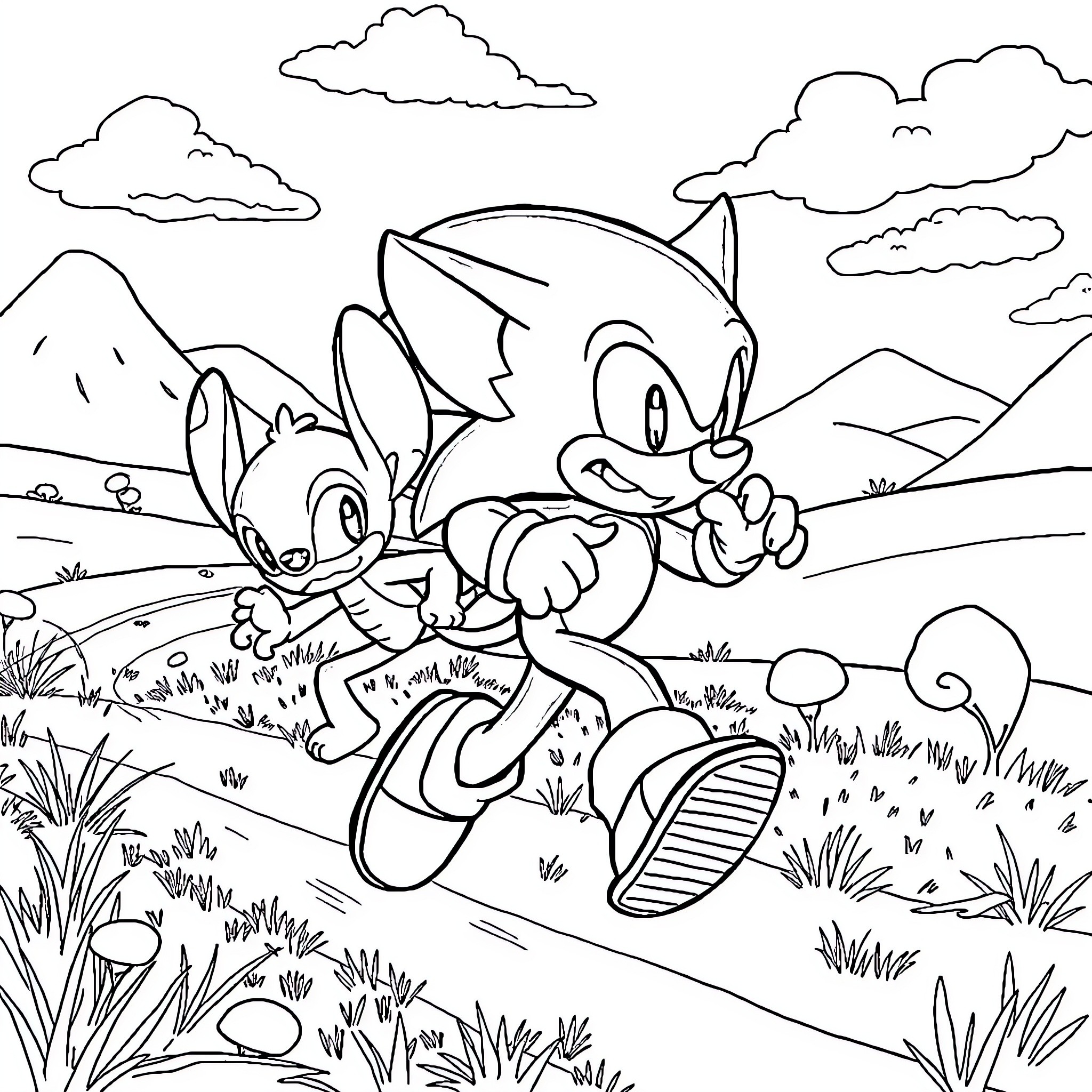 Sonic characters running joyfully through a nature scene Coloring Page (free black-and-white line drawing printable PDF for all, from beginners to advanced learners, including children, teens, adults, and seniors)