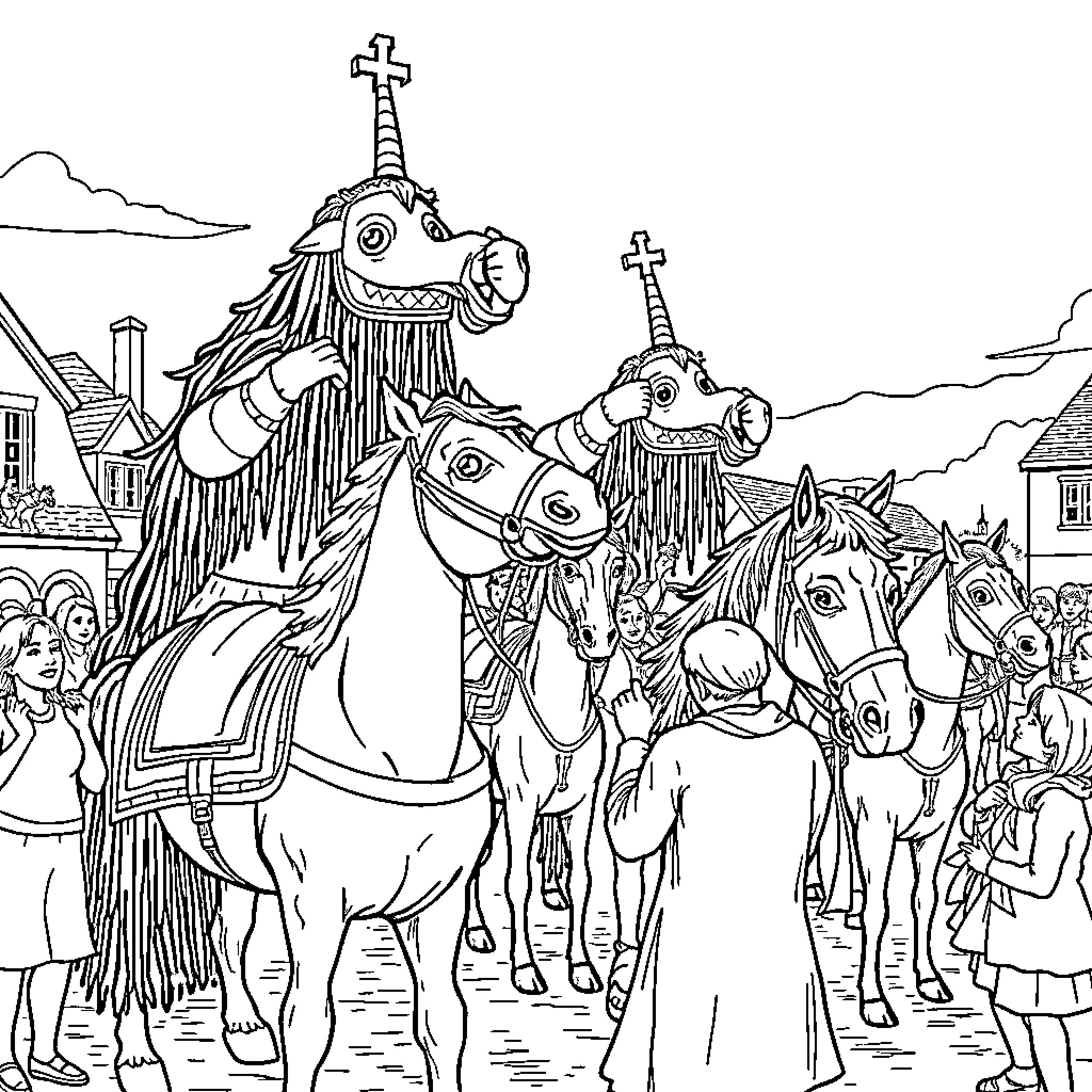 Giant Celebration with Ornate Parade Floats and Costumes Coloring Page (free black-and-white line drawing printable PDF for all, from beginners to advanced learners, including children, teens, adults, and seniors)
