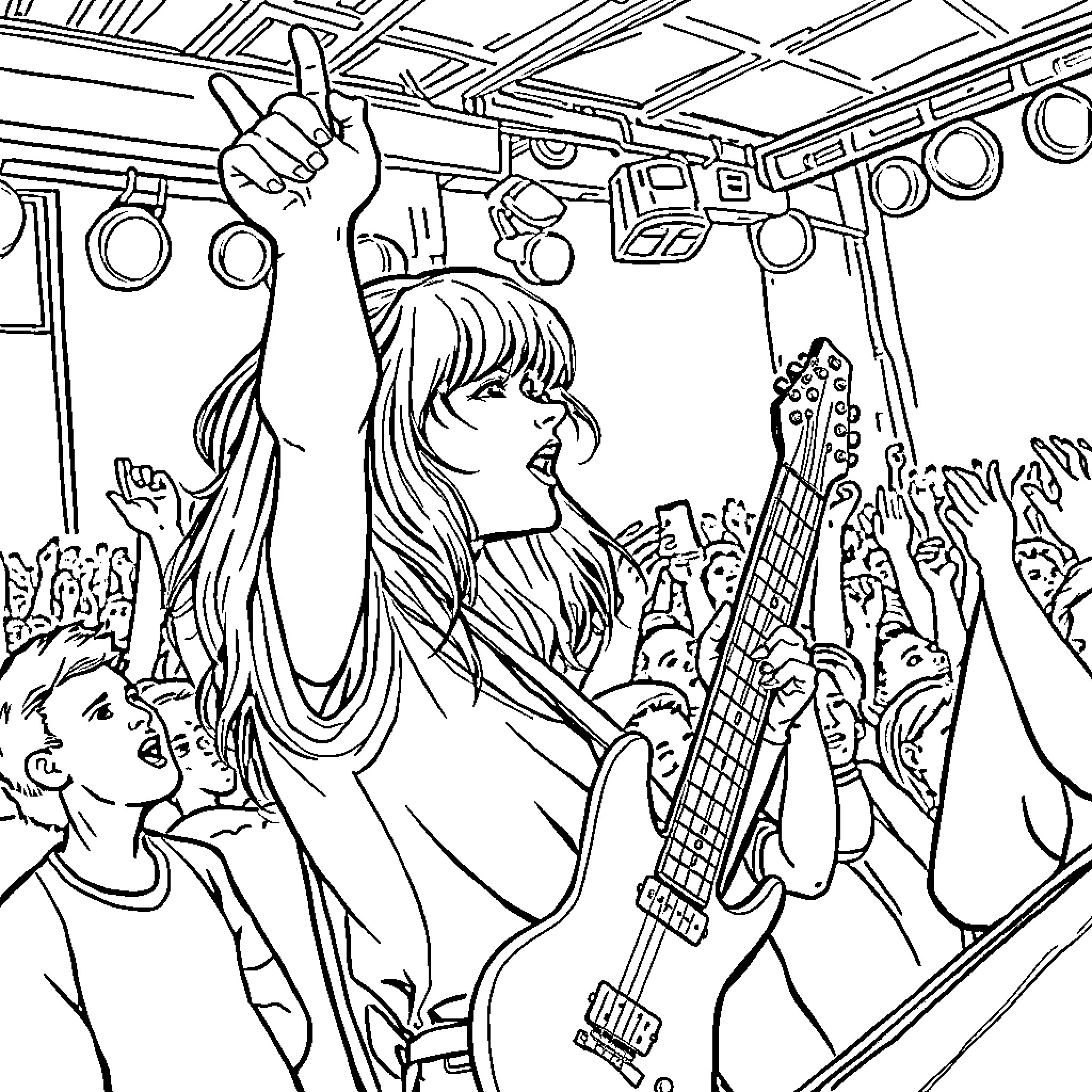 Girl performing on stage with guitar and crowd Coloring Page (free black-and-white line drawing printable PDF for all, from beginners to advanced learners, including children, teens, adults, and seniors)