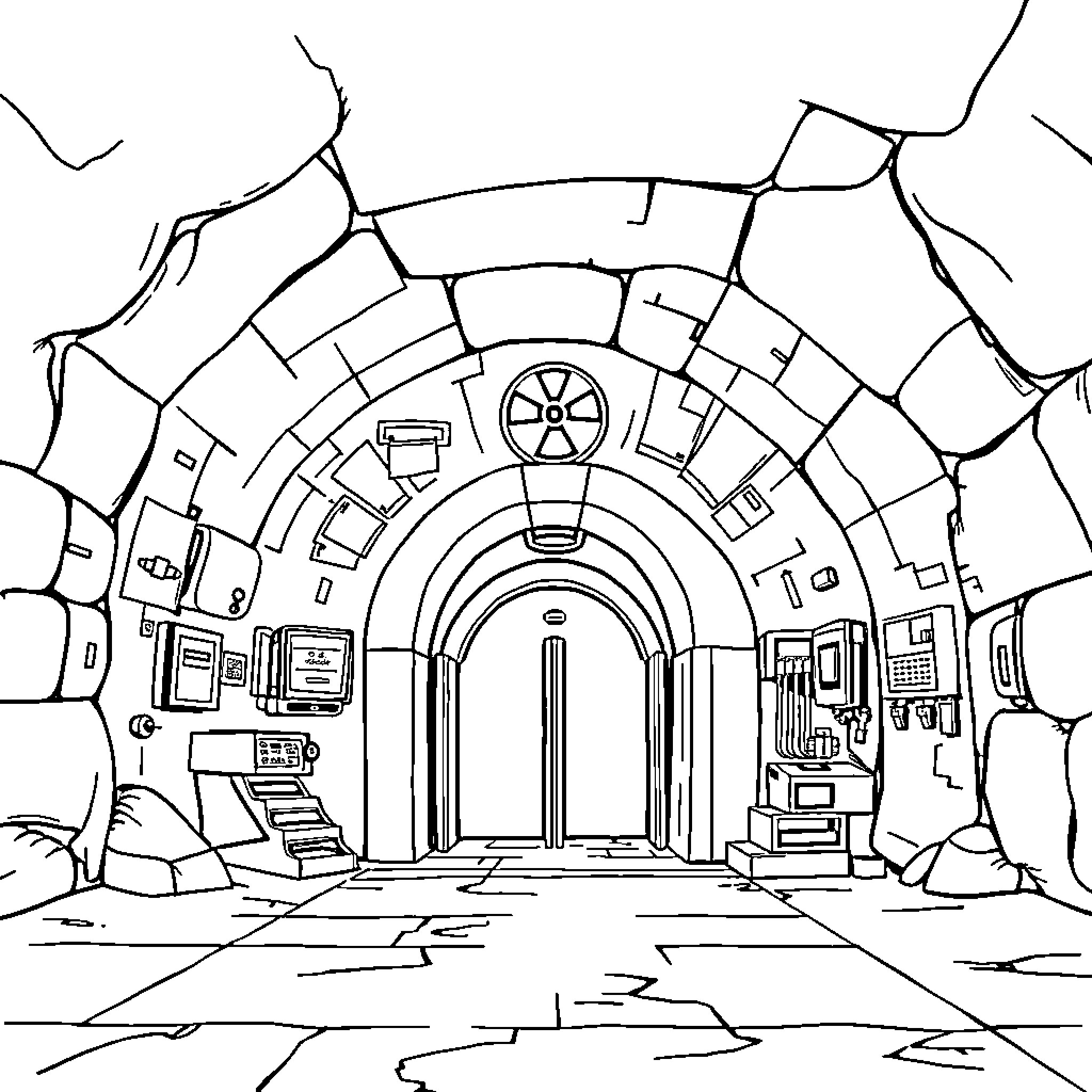 Nuclear Fallout Shelter with Damaged Entrance Coloring Page (free black-and-white line drawing printable PDF for all, from beginners to advanced learners, including children, teens, adults, and seniors)