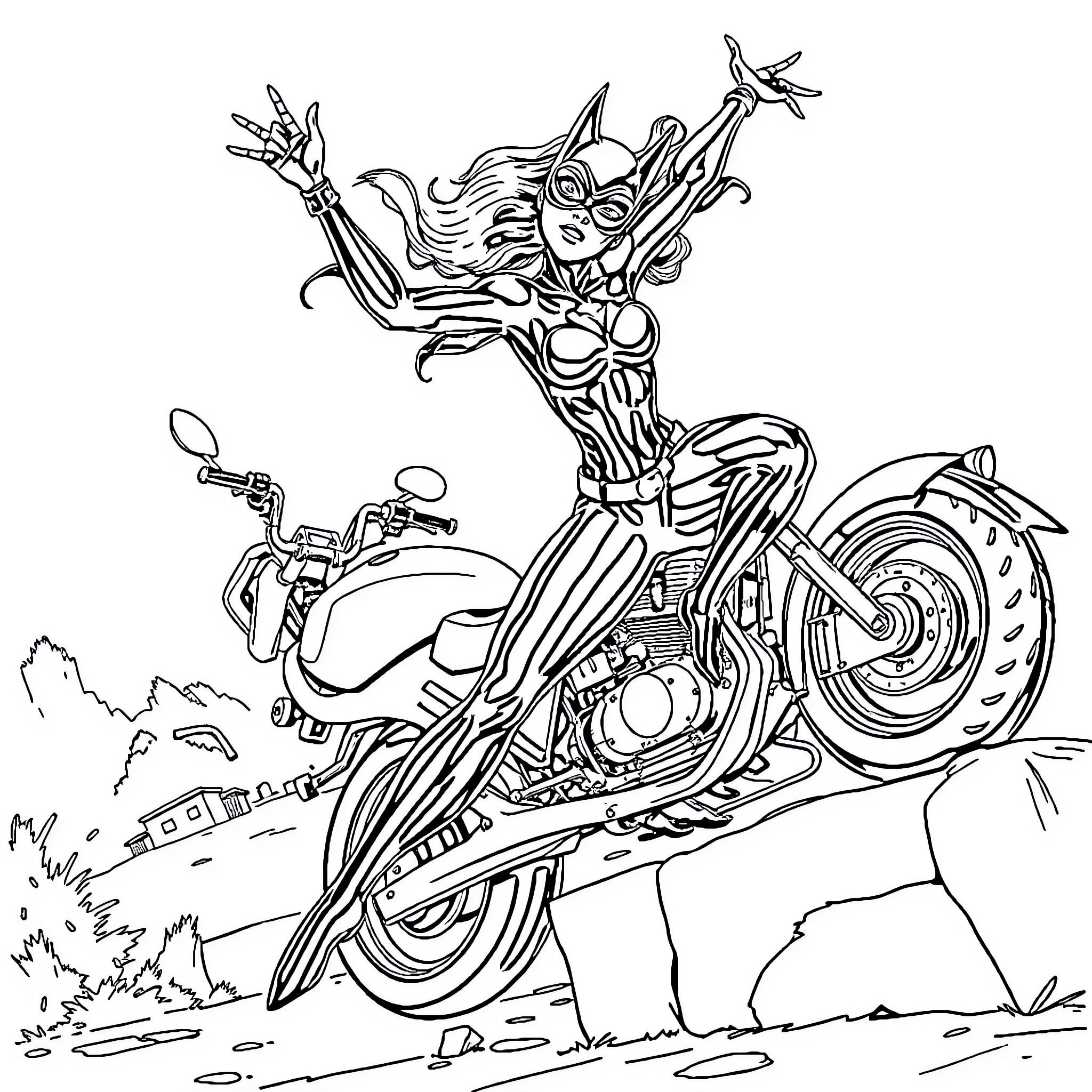 Catwoman riding a futuristic motorcycle in the city Coloring Page (free black-and-white line drawing printable PDF for all, from beginners to advanced learners, including children, teens, adults, and seniors)