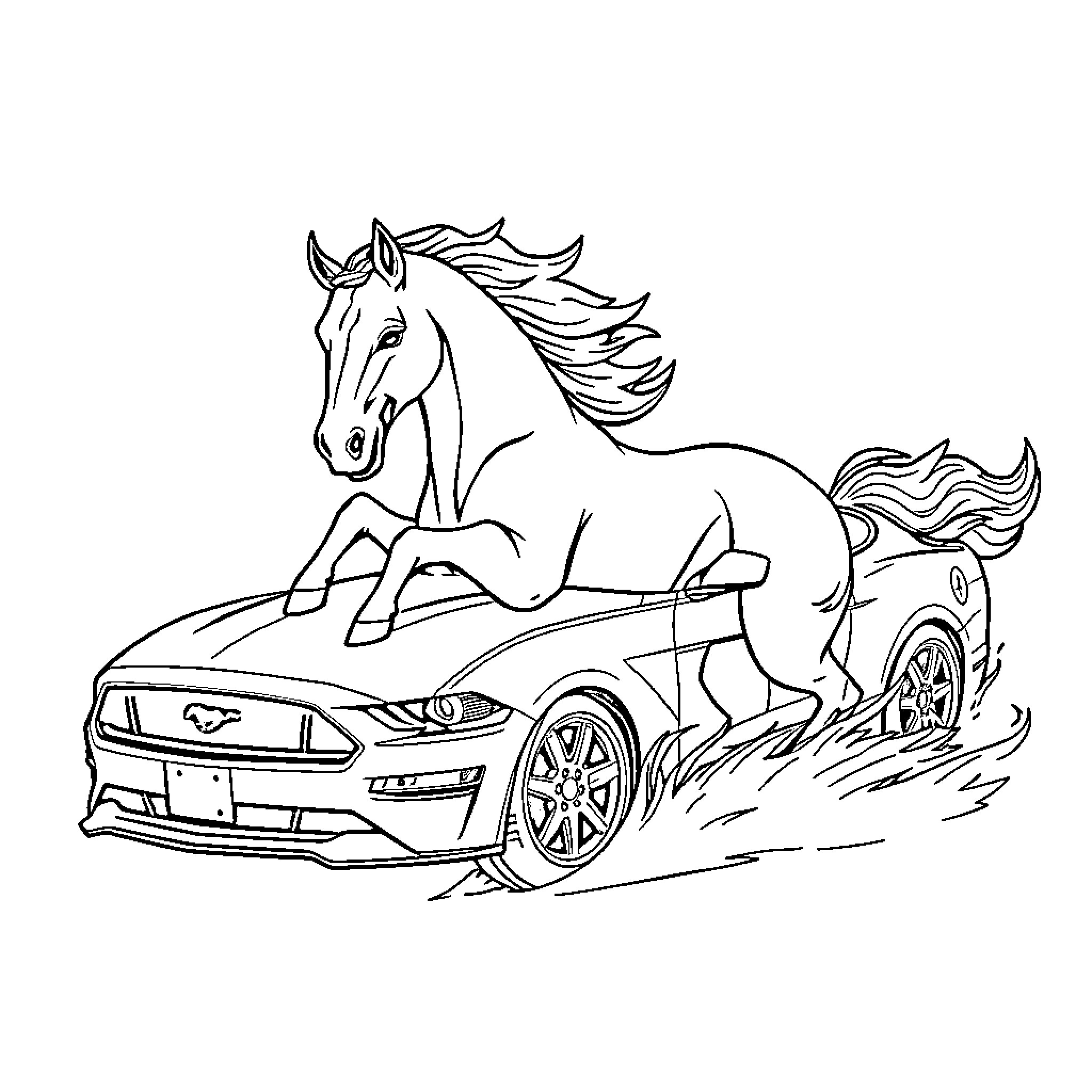 Mustang galloping with sports car Coloring Page (free black-and-white line drawing printable PDF for all, from beginners to advanced learners, including children, teens, adults, and seniors)