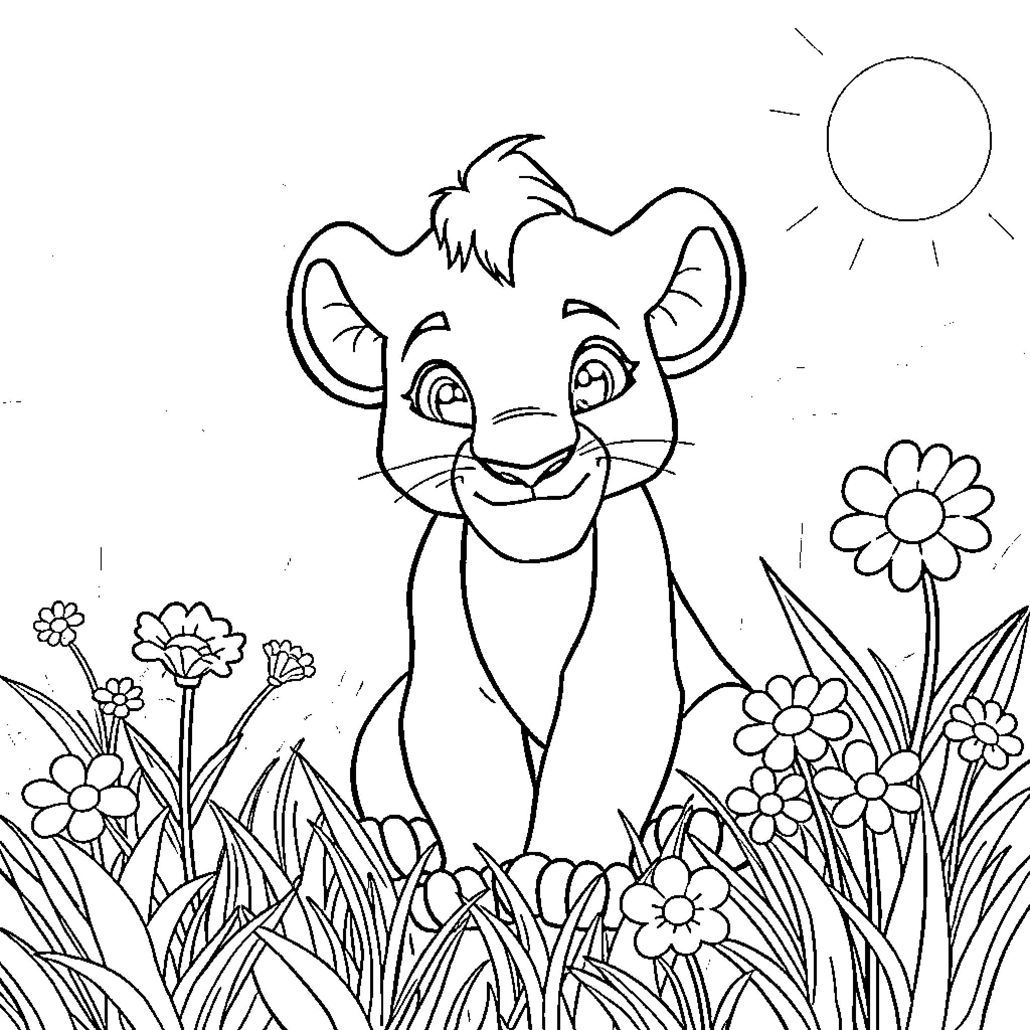 Simba enjoying the sunny day in the flower field Coloring Page (free black-and-white line drawing printable PDF for all, from beginners to advanced learners, including children, teens, adults, and seniors)