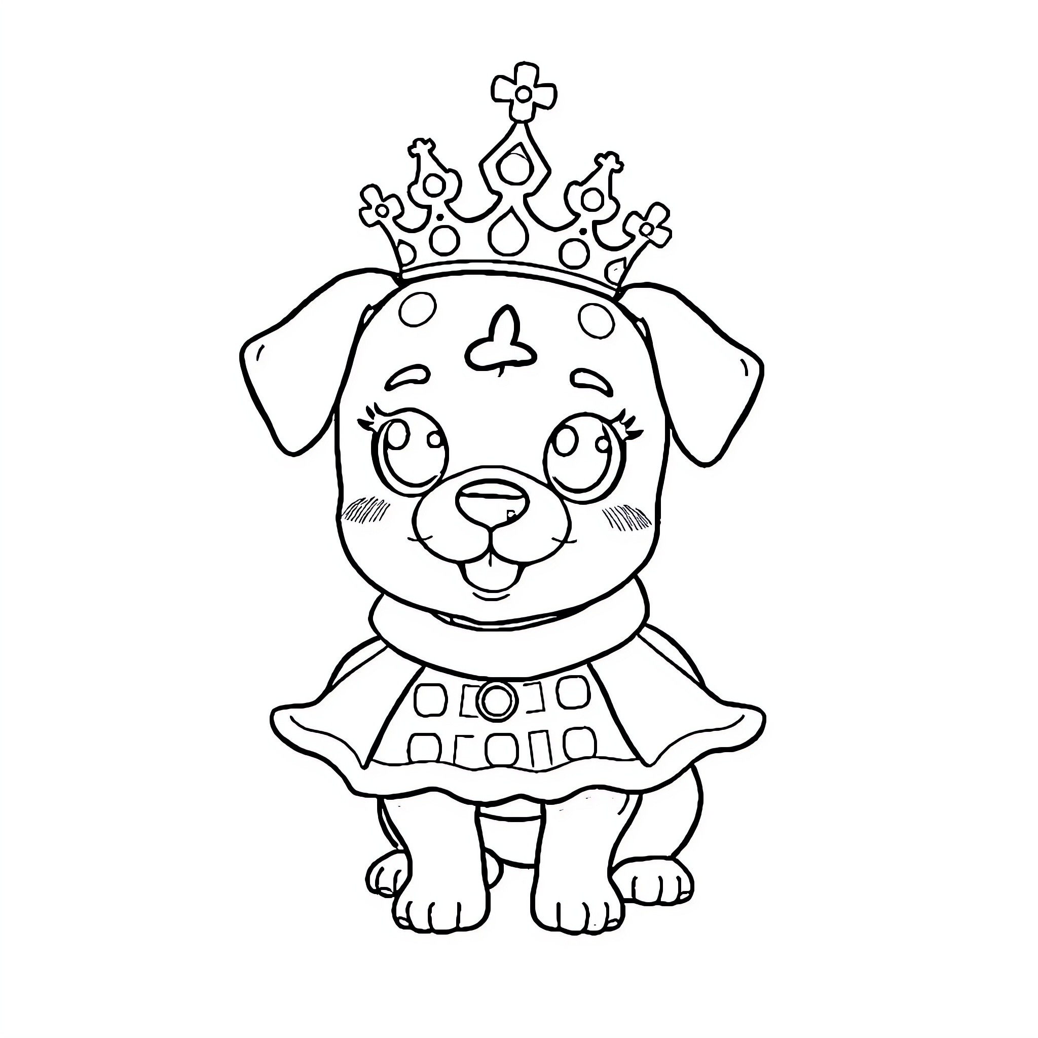 Waffle the Crowned Puppy in Dress Coloring Page (free black-and-white line drawing printable PDF for all, from beginners to advanced learners, including children, teens, adults, and seniors)