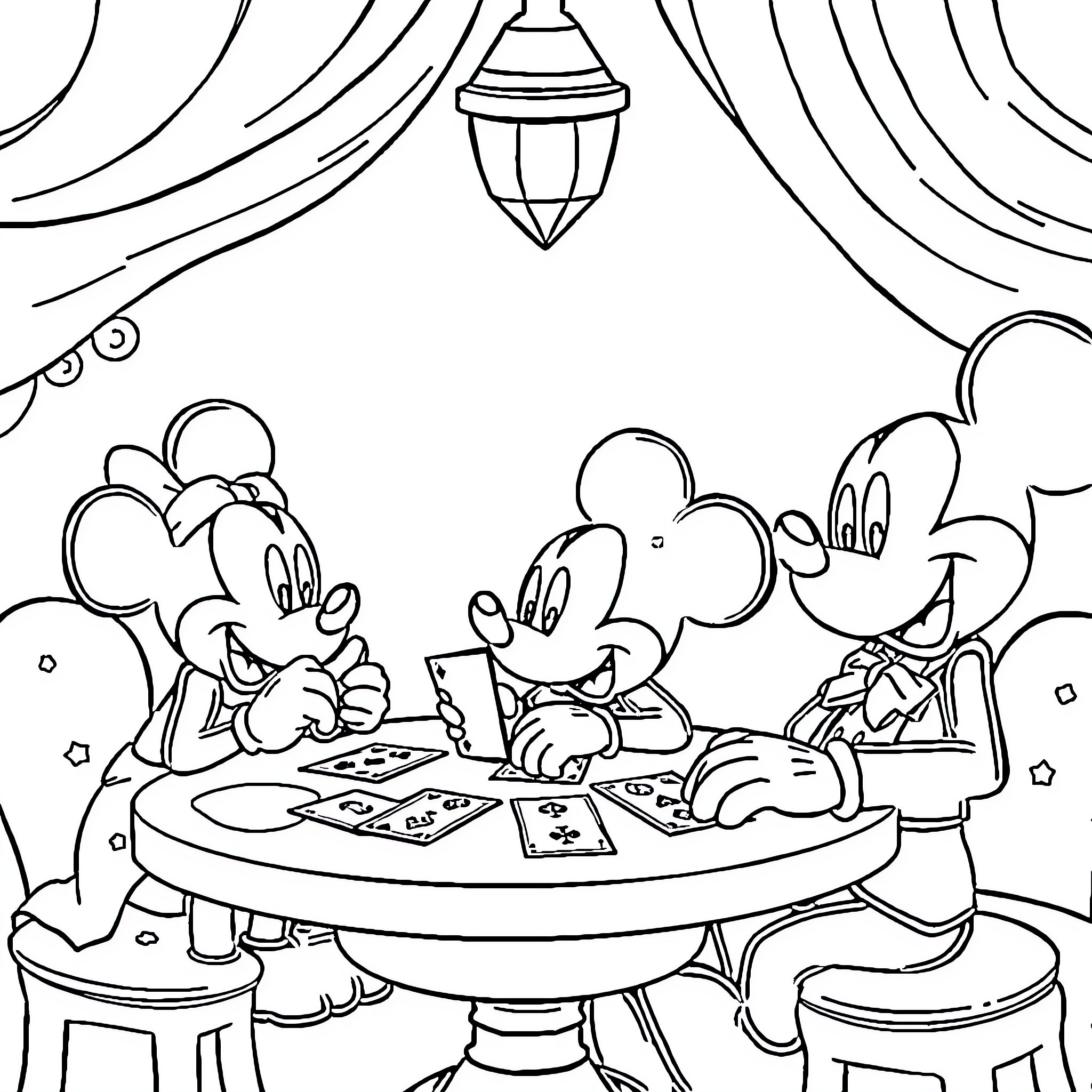 Mickey Mouse and friends playing board games together Coloring Page (free black-and-white line drawing printable PDF for all, from beginners to advanced learners, including children, teens, adults, and seniors)