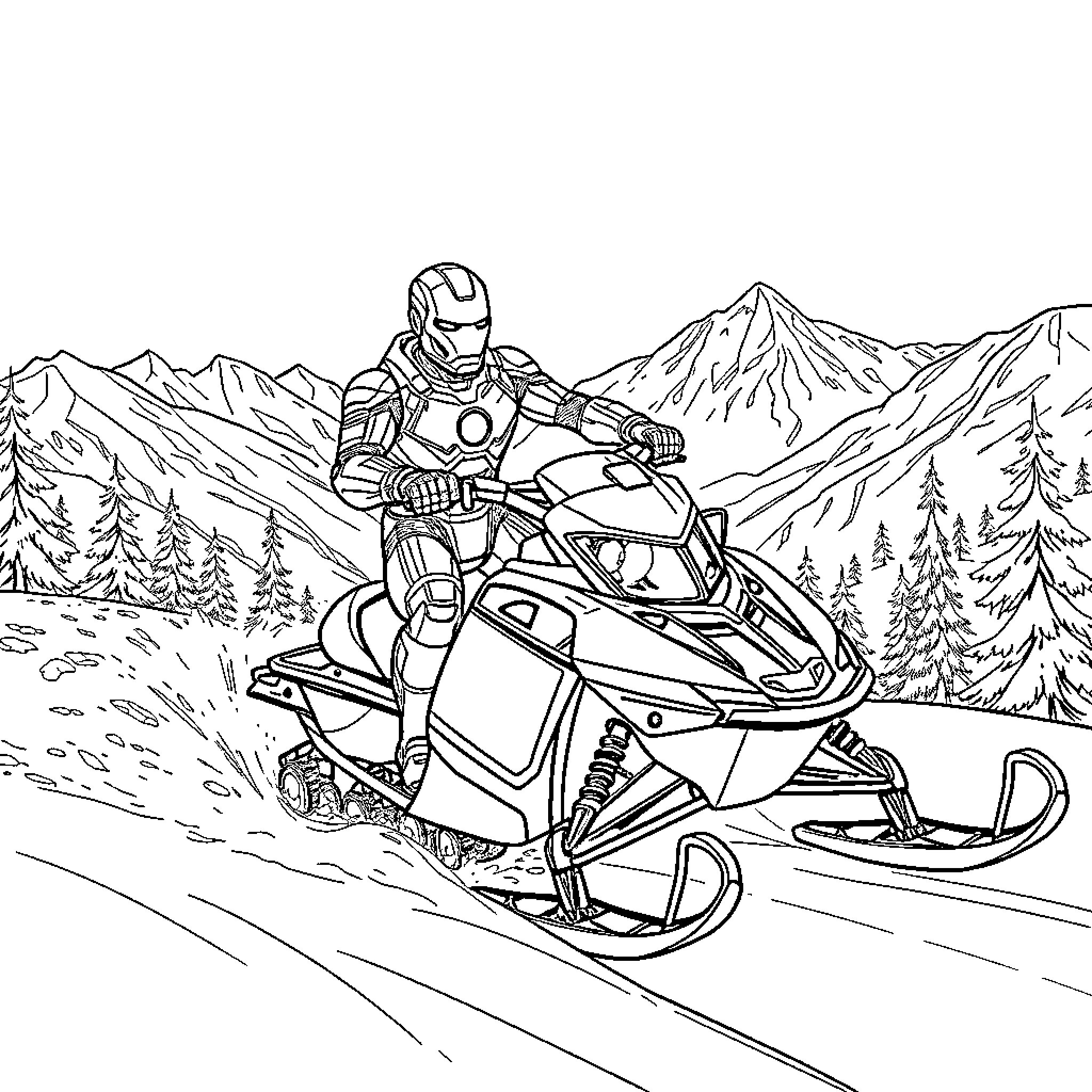 Ironman riding a snowmobile through snowy mountain landscape Coloring Page (free black-and-white line drawing printable PDF for all, from beginners to advanced learners, including children, teens, adults, and seniors)