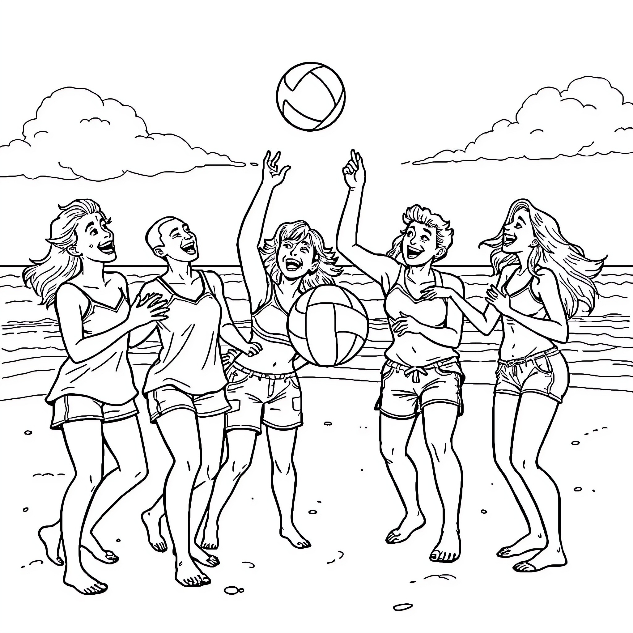 Friends having fun at the beach Coloring Page (free black-and-white line drawing printable PDF for all, from beginners to advanced learners, including children, teens, adults, and seniors)