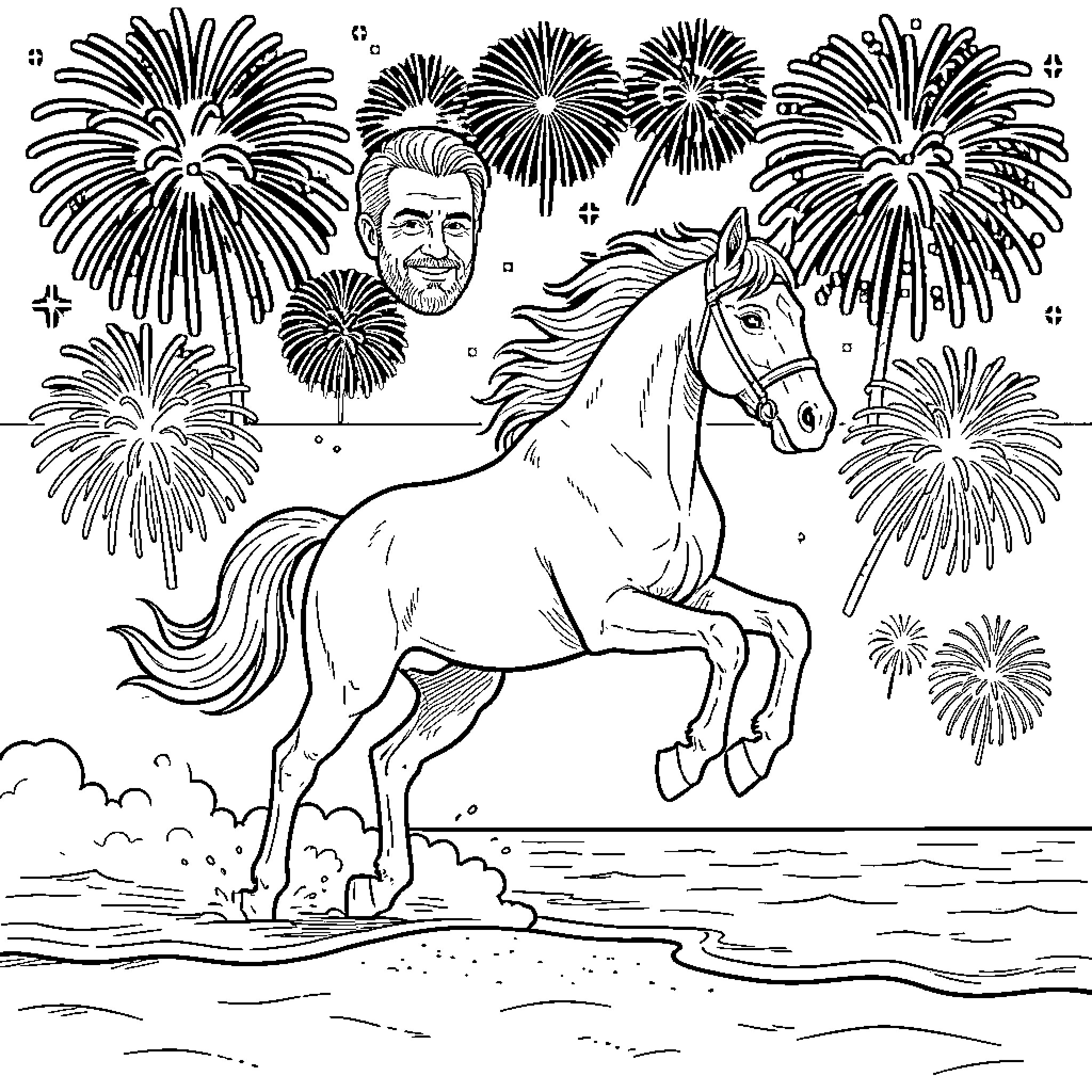 Horse galloping through fireworks display Coloring Page (free black-and-white line drawing printable PDF for all, from beginners to advanced learners, including children, teens, adults, and seniors)