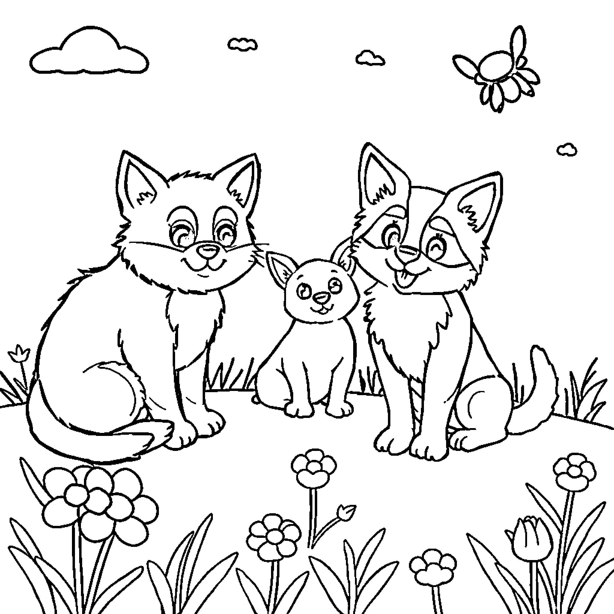 Animal family of foxes playing in nature Coloring Page (free black-and-white line drawing printable PDF for all, from beginners to advanced learners, including children, teens, adults, and seniors)