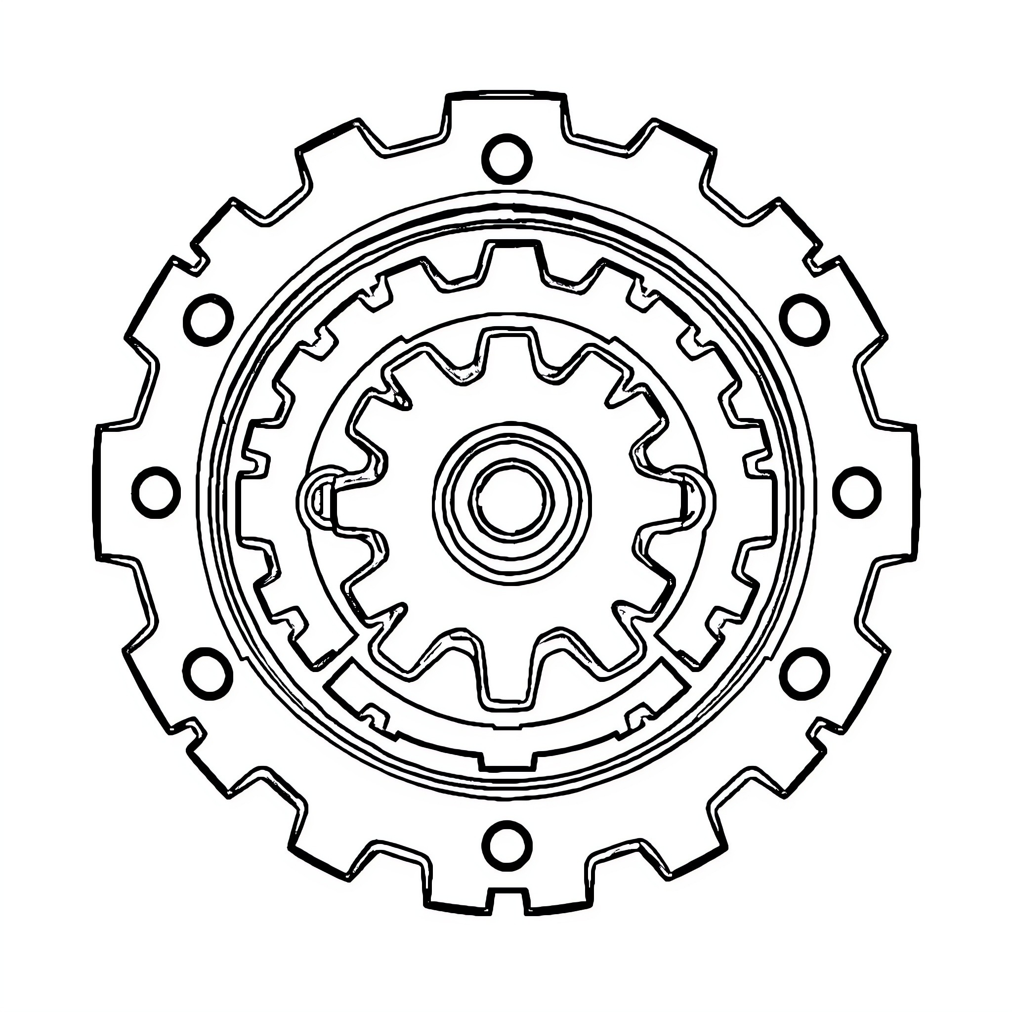 Gear mechanism with intricate design Coloring Page (free black-and-white line drawing printable PDF for all, from beginners to advanced learners, including children, teens, adults, and seniors)
