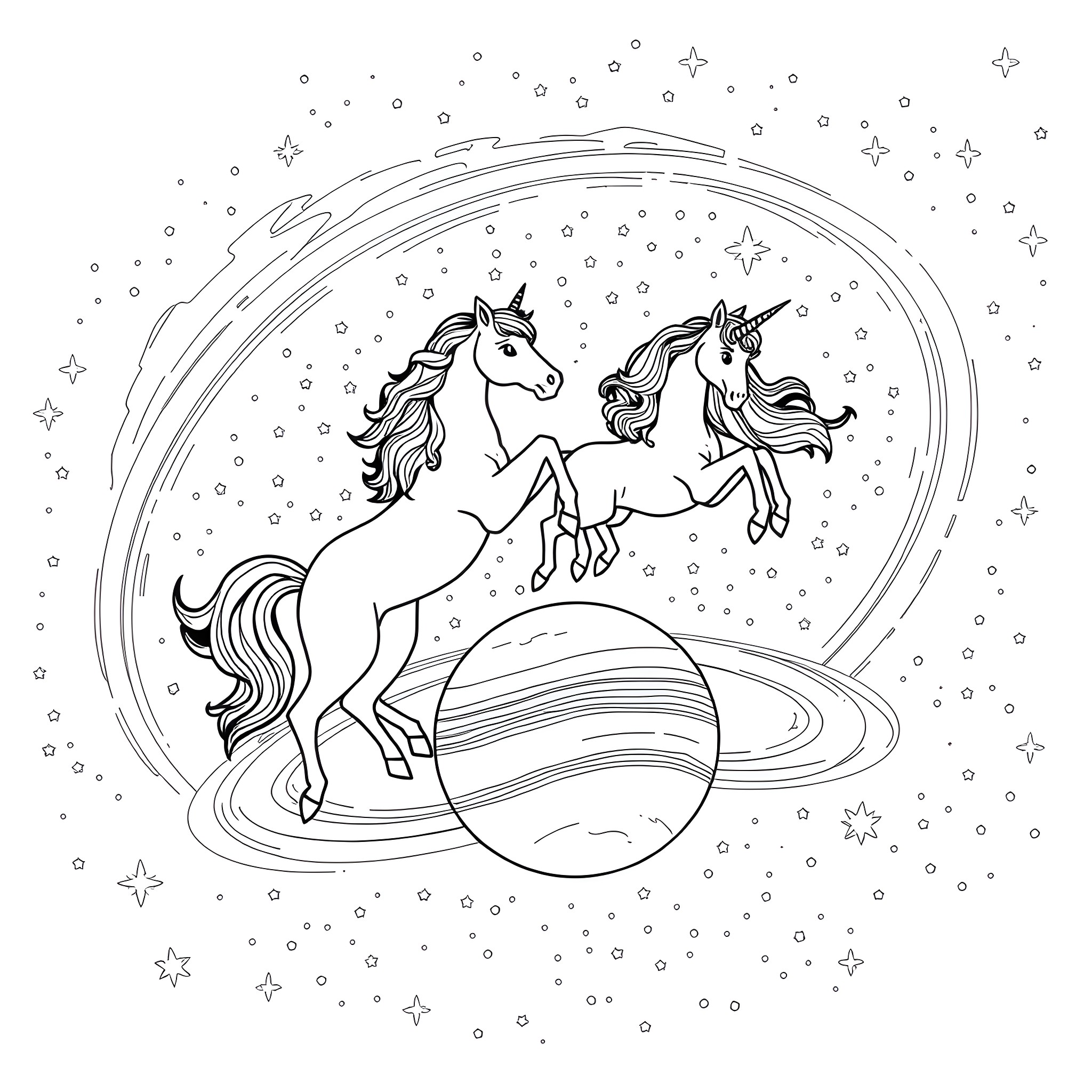 Unicorn friends dancing in a starry night Coloring Page (free black-and-white line drawing printable PDF for all, from beginners to advanced learners, including children, teens, adults, and seniors)