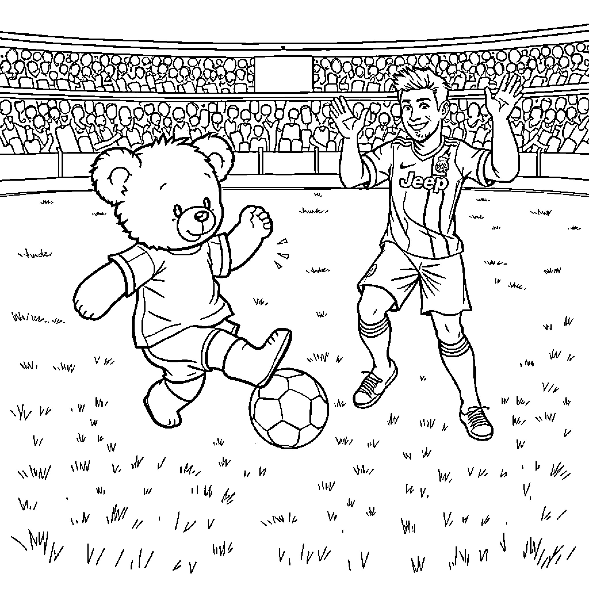 Teddy Bear Playing Soccer with Enthusiastic Athlete Coloring Page (free black-and-white line drawing printable PDF for all, from beginners to advanced learners, including children, teens, adults, and seniors)