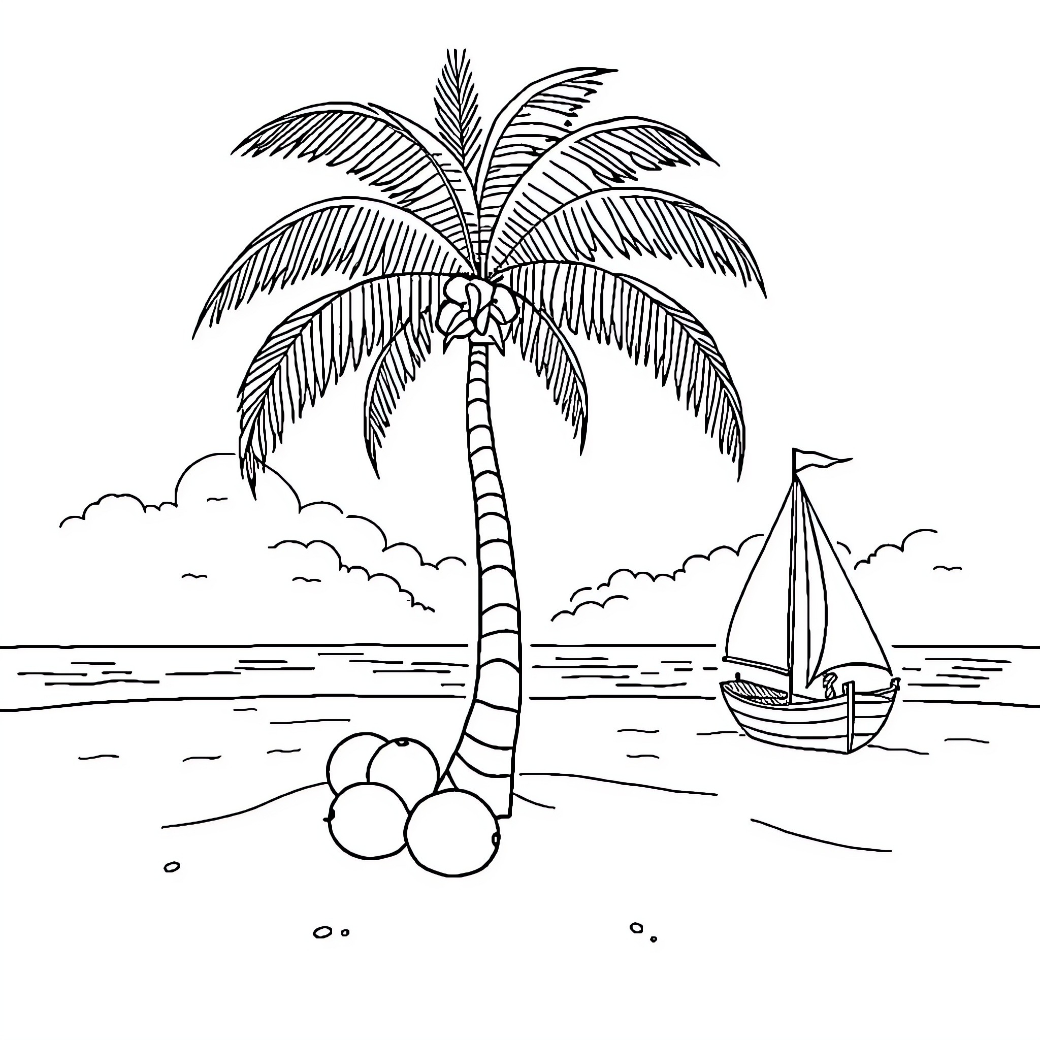 Palma: Tropical Island Scene with Palm Tree and Sailboat Coloring Page (free black-and-white line drawing printable PDF for all, from beginners to advanced learners, including children, teens, adults, and seniors)