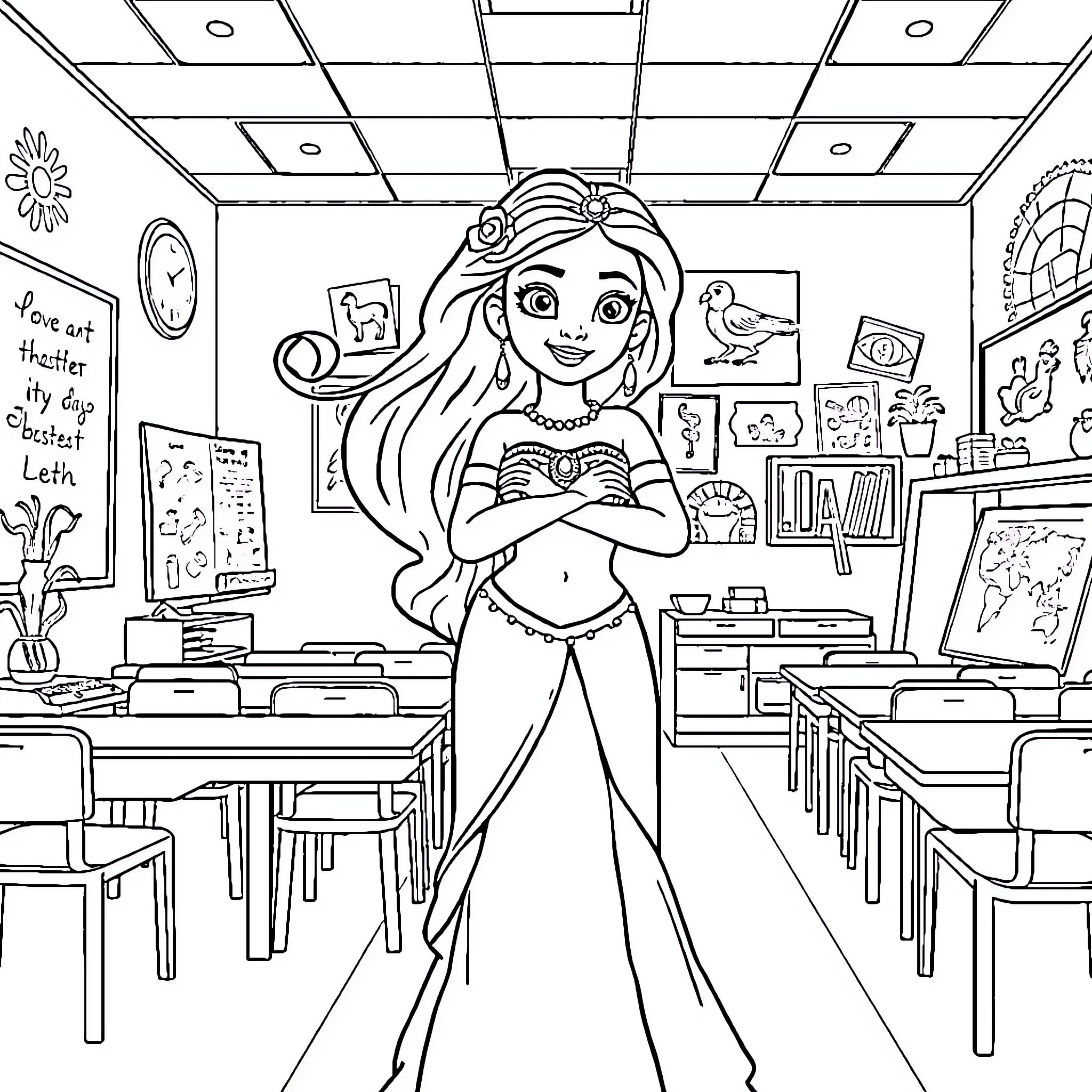 Vaiana's classroom adventure Coloring Page (free black-and-white line drawing printable PDF for all, from beginners to advanced learners, including children, teens, adults, and seniors)