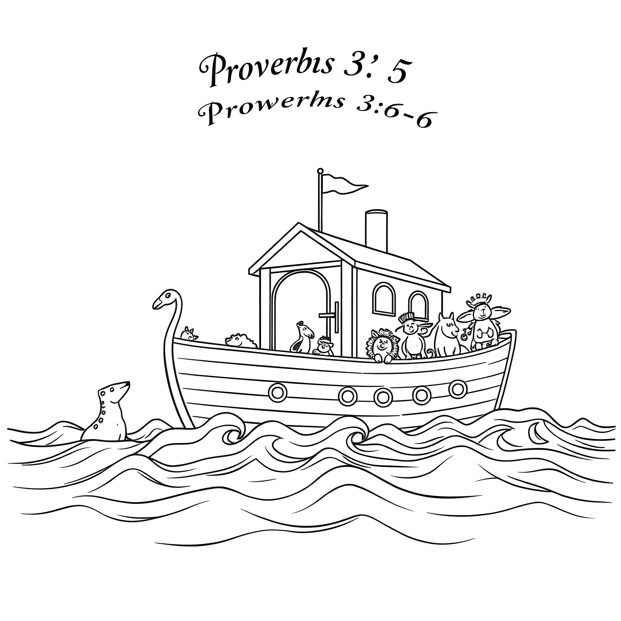 Noah's Ark carrying animals on a stormy sea Coloring Page (free black-and-white line drawing printable PDF for all, from beginners to advanced learners, including children, teens, adults, and seniors)