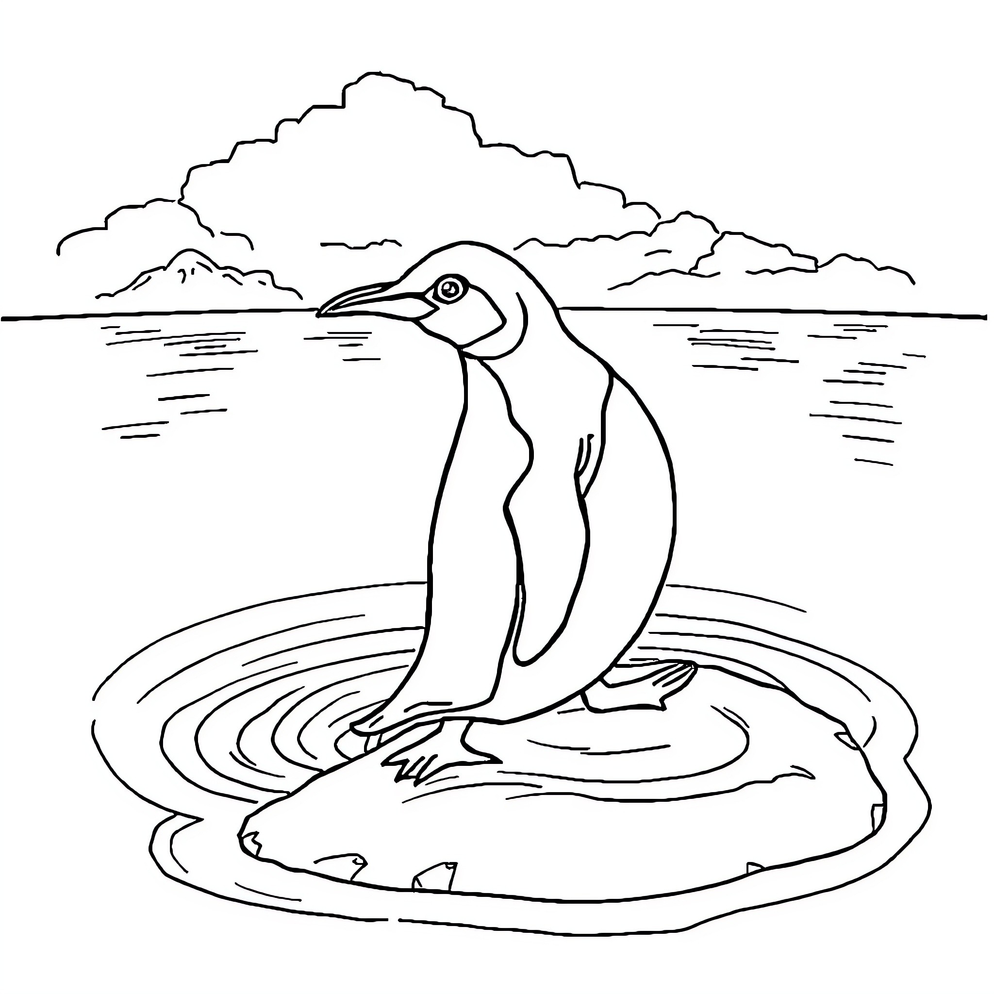Penguin swimming in tranquil waters Coloring Page (free black-and-white line drawing printable PDF for all, from beginners to advanced learners, including children, teens, adults, and seniors)